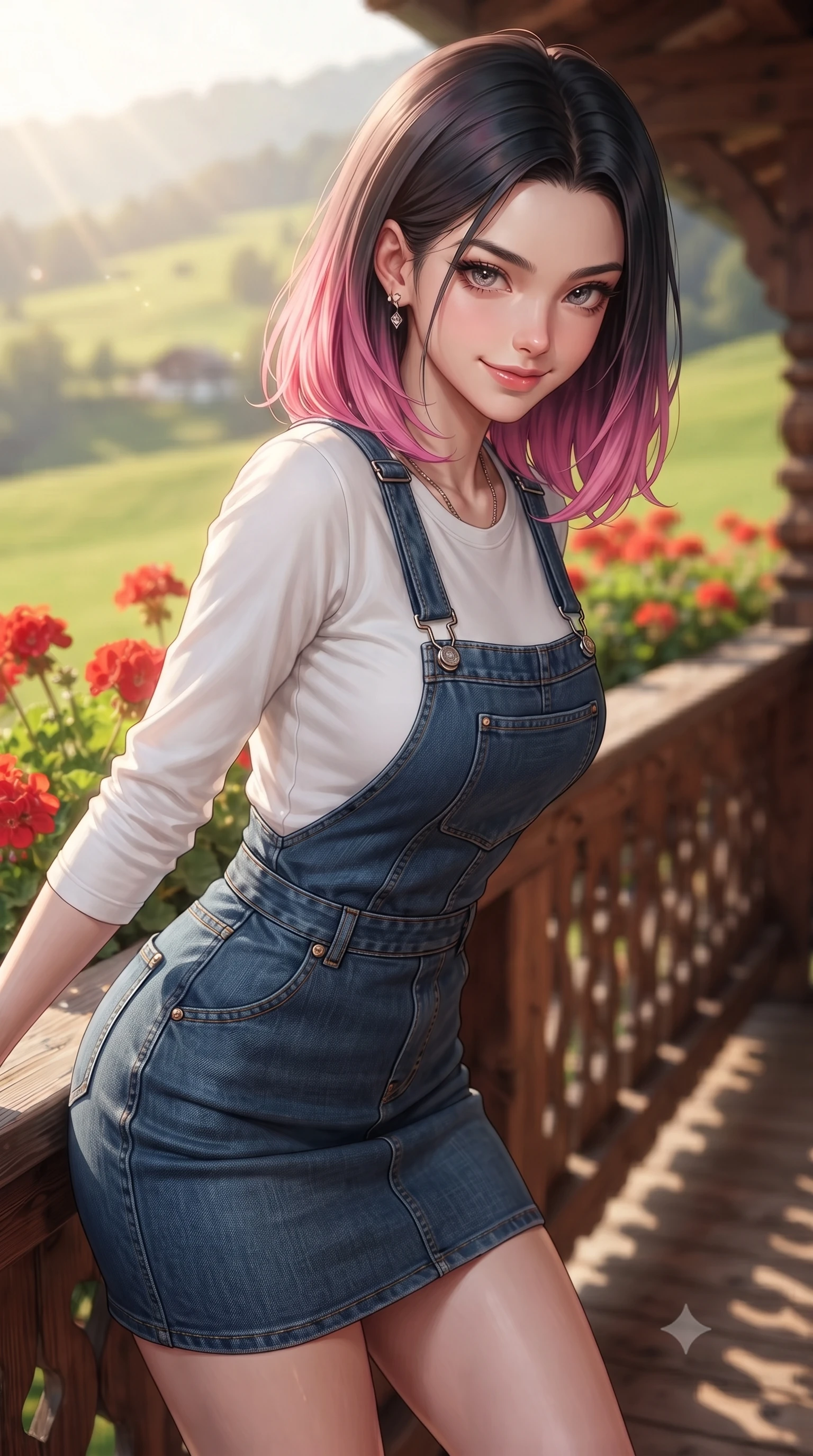 score_9, masterpiece, best quality, ultra-detailed, high-budget anime keyframe, editorial fashion photography, tasteful artistic composition, Korean woman woman. close-up cowboy shot from the waist and thighs up, the character dominates the composition, filling the frame with her large presence, background elements kept in soft focus. leaning slightly forward with a playful, teasing smile, her gaze locked onto the viewer the background shows a soft-focus a wooden balcony of a Swiss chalet decorated with red geraniums, looking at green meadows. She has an exceptionally elegant, slender, and willowy female figure with an ultra-slim waist, a gracefully sculpted slender torso, and a refined silhouette. sharp v-shaped jawline, high-bridge nose, intricate jewel-like eyes with depth, thick eyelashes, glossy lips with a natural sheen. wearing a slim-fit casual denim overall worn over a simple white long-sleeve tee. warm afternoon sunbeams coloring the wooden beams and flowers in vivid tones. ultra-reflective glossy finish, specular highlights, metallic sheen, high-contrast stereoscopic depth, volumetric dynamic lighting, 2k, ultra detail, master piece, 9:16 ratio
