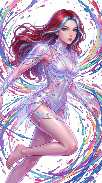 score_9, masterpiece, best quality, ultra-detailed, high-budget anime keyframe, Caucasian woman, strictly human ears. upper body close-up from the thighs up, character filling the screen for maximum presence. leaping into a vorticist paint splatter d