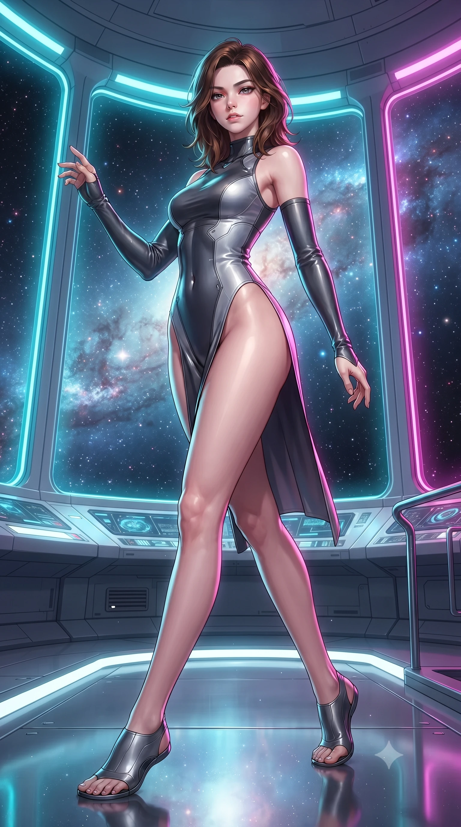 score_9, masterpiece, best quality, ultra-detailed, high-budget anime keyframe, editorial fashion photography, tasteful artistic composition, Korean woman. low angle full-body shot from head to toe showing her feet, filling the entire 9:16 vertical frame with her statuesque presence, stretching her vertical silhouette. forging dynamically through the scene, her vertical silhouette beautifully stretched standing inside a high-tech observatory with panoramic glass views of a nebula, starlight and cosmic nebula clouds glowing through the floor-to-ceiling glass. She has an absolutely perfect, statuesque 8.5-heads proportion, an exceptionally tall and slender model-like female figure with impossibly long slender legs and an ultra-slim waist. sharp v-shaped jawline, high-bridge nose, intricate jewel-like eyes with depth, thick eyelashes, glossy lips with a natural sheen. wearing an asymmetrical high-cut tech-bodysuit with detached sleeves in charcoal grey and platinum, formed from sleek second-skin neoprene, finished with a sleek side slit ascending to mid-thigh, the form-contouring material highlighting her ultra-slim waist and long lines. bathed in brilliant neon cyan and magenta rim light with clean white ambient glow. ultra-reflective glossy finish, specular highlights, metallic sheen, high-contrast stereoscopic depth, volumetric dynamic lighting, 2k, ultra detail, master piece, 9:16 ratio
