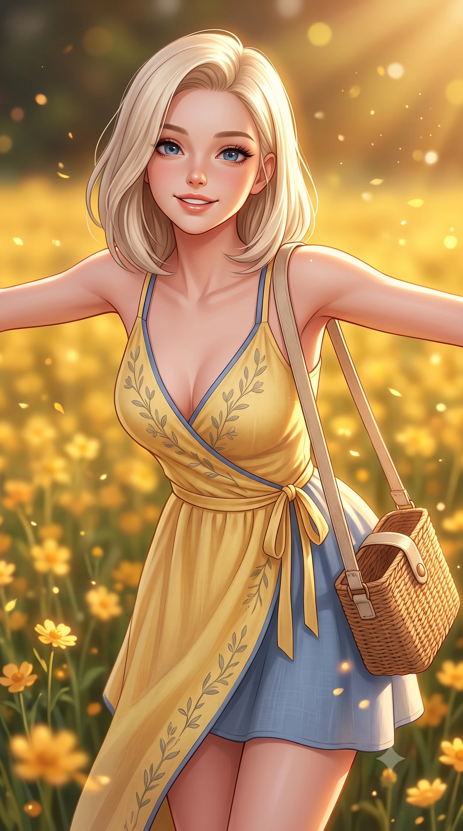 score_9, masterpiece, best quality, ultra-detailed, high-budget anime keyframe, semi-realistic 3D game render, editorial fashion photography, tasteful artistic composition, Caucasian woman. close-up cowboy shot from the waist and thighs up, the character dominates the composition, filling the frame with her large presence. clasping her hands behind her back and leaning forward playfully with a sweet, innocent girlhood expression while stretching her arms out wide in the golden flower field, embracing the warm summer breeze with pure girlhood delight. The composition keeps background elements in soft focus with creamy bokeh. warm golden hour sunset rays and floating flower dust scattering radiant bokeh motes. She has an exceptionally elegant, slender, and willowy female figure with an ultra-slim waist, a gracefully sculpted slender torso, toned flat midriff, and a refined slim silhouette. sharp v-shaped jawline, high-bridge nose, intricate jewel-like eyes with depth, thick eyelashes, glossy lips with a natural sheen, pure and lovely fresh girlhood expression, flawlessly proportioned anatomical accuracy, strict slender model proportions, natural body alignment, perfectly sculpted long slender limbs, ultra-slim waistline, clean dynamic posture without body distortion. wearing a romantic wrap-style linen sundress with subtle botanical embroidery and a dainty waist tie in sunny daffodil yellow and french blue, knitted from ultra-soft cozy baby-cashmere yarn, accessorized with a rustic woven wicker bag and canvas strap, the body-hugging lightweight knit clinging delicately to her slender torso, accentuating her graceful neck and feminine lines. illuminated by soft amber fill light highlighting her glowing complexion and joyful smile. highly saturated vibrant anime colors, detailed shading with soft gradients, rich glossy textures, high-contrast stereoscopic depth, volumetric dynamic lighting, master piece, 9:16 ratio