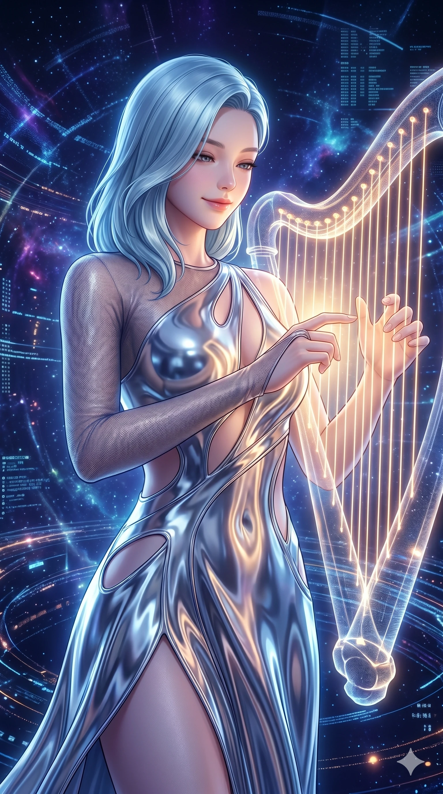 score_9, masterpiece, best quality, ultra-detailed, high-budget anime keyframe, semi-realistic 3D game render, Korean woman. Upper body close-up from the thighs up, character filling the screen for maximum presence. Inside a digital void, next to a floating holographic harp, playing a chord on the harp with a peaceful, happy expression. She is wearing an asymmetrical dress in liquid-chrome finish and sheer mesh sleeves. The scene is bathed in the soft golden glow of the harp strings. 2k, ultra detail, master piece, 9:16 ratio