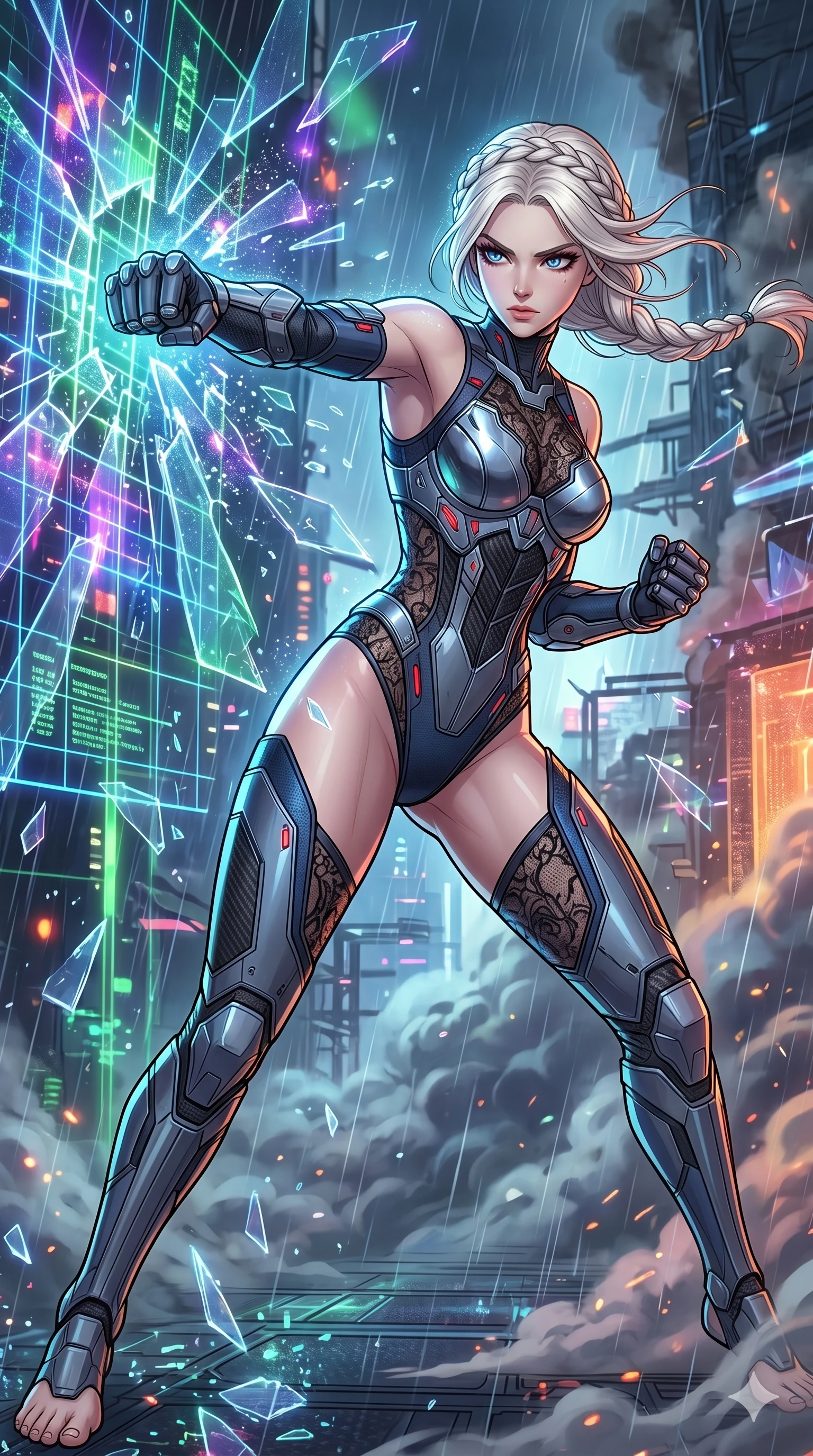 score_9, masterpiece, best quality, ultra-detailed, high-budget anime movie keyframe, cinematic anime lighting, intricate line art, Caucasian (strictly human ears) woman. Low angle cowboy shot capturing a powerful motion and statuesque presence. punching through a holographic firewall that shatters like glass. She has an absolutely perfect 8-heads proportion, an exceptionally tall and slender female figure with an ultra-slim waist and impossibly long slender legs. strictly human anatomy, two legs only, no extra limbs, clearly defined legs and arms, perfect anatomy, perfect hands and fingers. sharp v-shaped jawline, high-bridge nose, intricate jewel-like eyes, thick eyelashes, glossy lips. Wearing Cyber-Tech Legacy: Asymmetrical high-cut tech-bodysuit with detached sleeves and chrome-plated corset over sheer lace. The scene is illuminated by dramatic atmospheric lighting and vibrant color palettes. , 2k, ultra detail, master piece, 9:16 ratio