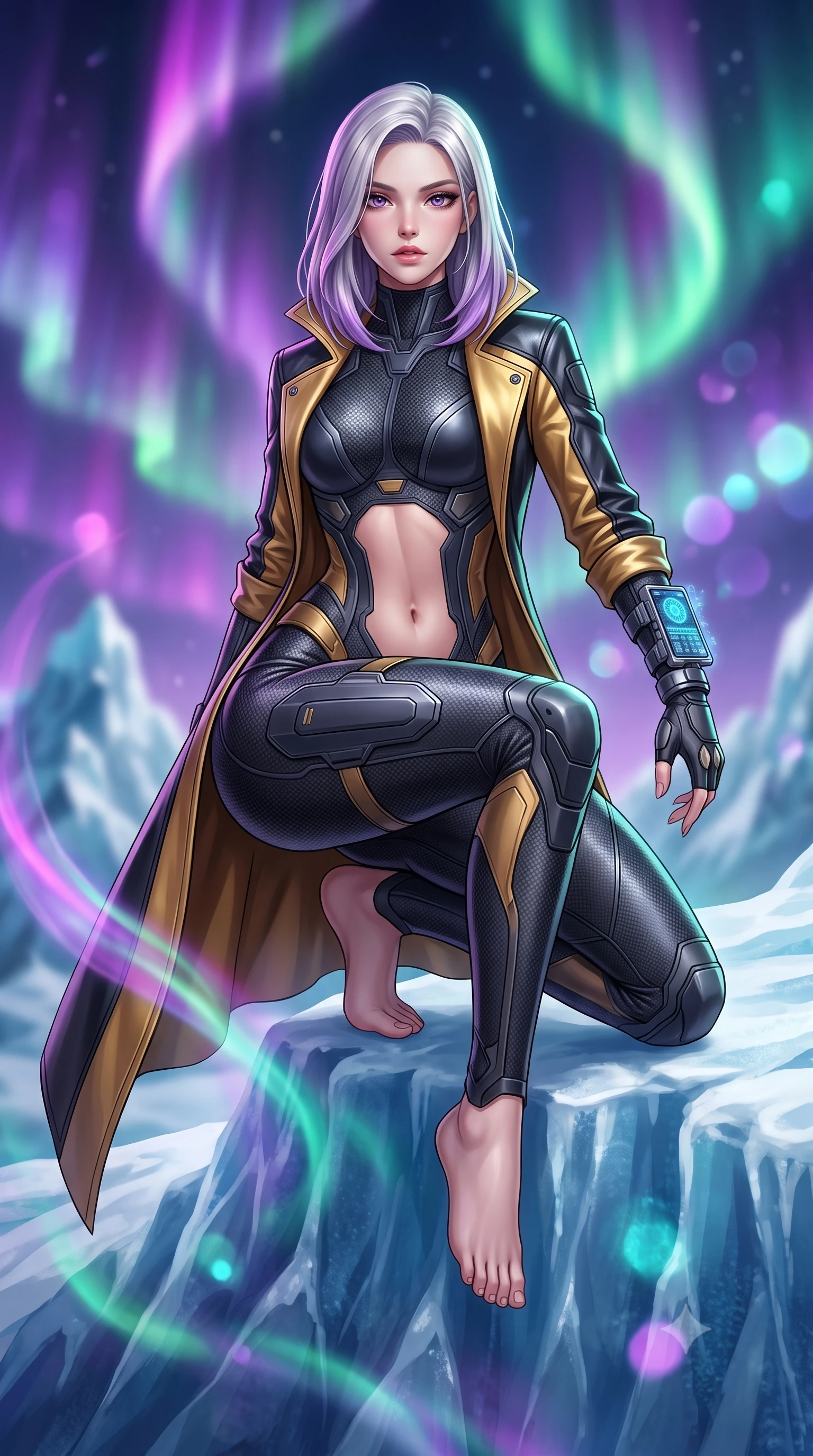 score_9, masterpiece, best quality, ultra-detailed, high-budget anime keyframe, semi-realistic 3D game render, editorial fashion photography, tasteful artistic composition, Caucasian woman. low angle full-body shot from head to toe showing her feet, filling the entire 9:16 vertical frame with her statuesque presence, stretching her vertical silhouette. sitting perched on the elevated edge with hips angled toward the camera and legs crossed, displaying her toned midriff and flawlessly sculpted slender limbs while crouching low in a kinetic warrior stance on the ice ridge, her athletic feminine curves and sculpted glutes highlighted by aurora ribbons. The composition keeps background elements in soft focus with creamy bokeh. swirling violet, emerald, and magenta aurora curtains and distant glacier peaks blurred into glowing amethyst, teal, and diamond bokeh. She has an absolutely perfect, statuesque 8.5-heads proportion, an exceptionally tall and slender model-like female figure with impossibly long slender legs, a toned flat midriff, an ultra-slim waist, and beautifully sculpted feminine hips. sharp v-shaped jawline, high-bridge nose, intricate jewel-like eyes with depth, thick eyelashes, glossy parted lips with a natural sheen, intensely captivating and seductive bedroom-eyes expression, flawlessly proportioned anatomical accuracy, strict slender model proportions, natural body alignment, perfectly sculpted long slender limbs, ultra-slim waistline, clean dynamic posture without body distortion. wearing a second-skin dark carbon-weave infiltration catsuit paired with a tailored long leather trench coat in metallic liquid gold and obsidian black, made of compression knit fabric sculpting her athletic hourglass lines, equipped with a wrist-mounted miniature holographic display terminal, the form-contouring material adhering flawlessly to her sculpted flat midriff and slender torso, emphasizing her long leg lines and perfectly proportioned willowy build. surrounded by an indomitable, lethal, and breathtakingly majestic cyber-valkyrie goddess aura. highly saturated vibrant anime colors, detailed shading with soft gradients, rich glossy textures, high-contrast stereoscopic depth, volumetric dynamic lighting, master piece, 9:16 ratio