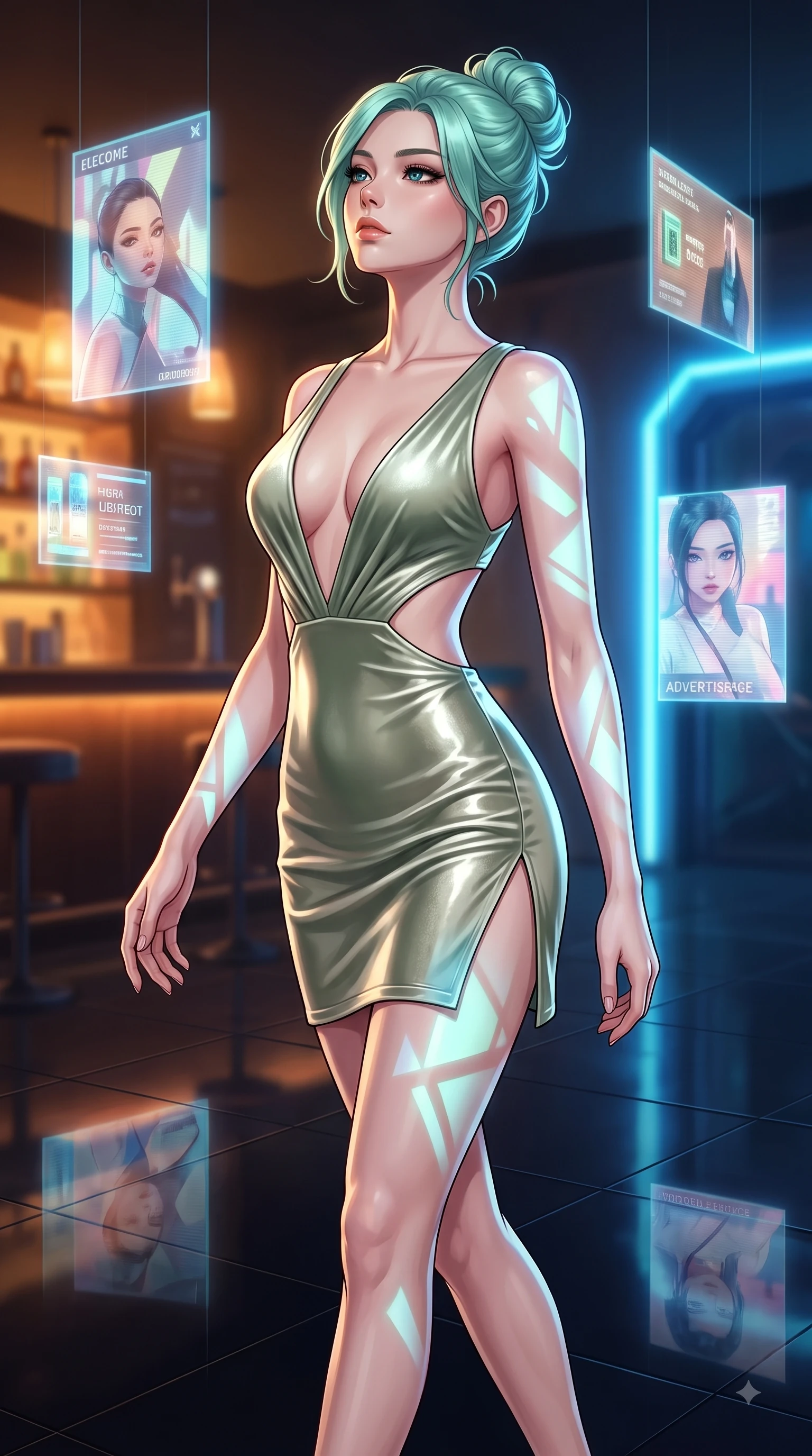 score_9, masterpiece, best quality, ultra-detailed, high-budget anime keyframe, editorial fashion photography, tasteful artistic composition, Japanese woman. close-up cowboy shot from the waist and thighs up, the character dominates the composition, filling the frame with her large presence, background elements kept in soft focus. Tilting her chin up with composed magnetism as dramatic side lighting traces her sculpted waist and hip contour while stepping across a polished obsidian floor reflecting holographic billboards in mid-air, holographic advertisements casting dynamic geometric light patterns on her form. She has an exceptionally elegant, slender, and willowy female figure with an ultra-slim waist, a gracefully sculpted slender torso, and a refined silhouette. sharp v-shaped jawline, high-bridge nose, intricate jewel-like eyes with depth, thick eyelashes, glossy lips with a natural sheen, flawlessly proportioned anatomical accuracy, natural body alignment, perfectly sculpted elegant limbs, clean dynamic posture without body distortion. wearing a liquid mercury gloss mini dress with ultra-deep V-neck and waist cutouts in sage green and oatmeal, made of premium stretch velvet with a rich sheen, finished with a sleek side slit ascending to mid-thigh, the tailored fabric tightly following every curve of her athletic build. illuminated by warm indoor bar amber light and cool rainy blue neon rim light. highly saturated vibrant anime colors, detailed shading with soft gradients, rich glossy textures, high-contrast stereoscopic depth, volumetric dynamic lighting, master piece, 9:16 ratio