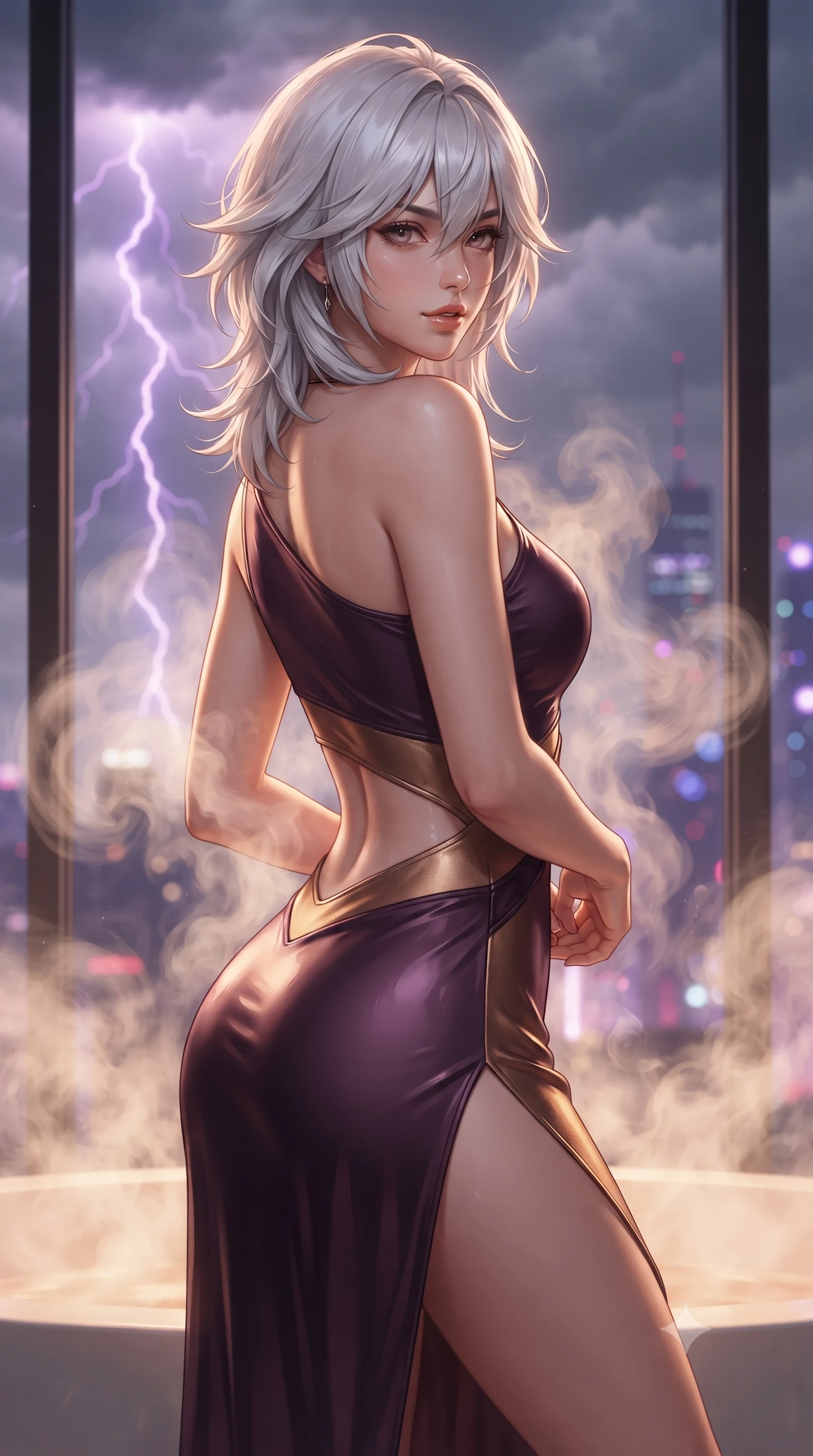 score_9, masterpiece, best quality, ultra-detailed, high-budget anime keyframe, editorial fashion photography, tasteful artistic composition, Japanese woman. close-up cowboy shot from the waist and thighs up, the character dominates the composition, filling the frame with her large presence. posing in an alluring rear three-quarter angle, looking over a bare shoulder with parted glossy lips, her hips cocked back to highlight her slim hourglass curve while twisting her slender torso in an alluring S-curve, warm mineral steam swirling around her bare shoulders, flat midriff, and hips as lightning flashes. The background shows a soft-focus swirling storm clouds with purple lightning arcs, distant neon skyscraper antennas, and billowing thermal steam blurred into violet, sapphire, and starlight bokeh. She has an exceptionally elegant, slender, and willowy female figure with an ultra-slim waist, flat toned midriff, narrow ribcage, and sculpted feminine hips creating an alluring, slim hourglass silhouette without bulk. sharp v-shaped jawline, high-bridge nose, sparkling eyes with hypnotic seductive depth, thick curled eyelashes, glossy parted lips with a natural dewy peach sheen, alluring bedroom-eyes with an enchanting coquettish smile, exuding magnetic siren charisma and sophisticated glamour, flawlessly proportioned anatomical accuracy, strict slender model proportions, natural body alignment, perfectly sculpted long slender limbs, ultra-slim waistline, clean dynamic posture without body distortion. wearing an asymmetric one-shoulder liquid jersey gown with dramatic hip-high slit and sculptural waist cutout in rich dark plum violet and gilded bronze, made of semi-opaque stretch illusion mesh with soft shadowy contours, accented with a pearl-drop body harness subtly framing her dewy collarbones and spine, the second-skin tailored fabric adhering flawlessly to her sculpted flat midriff and slender torso, emphasizing her long leg lines and perfectly proportioned willowy build. bathed in warm underwater thermal tub illumination paired with sudden lightning flash strobes from the storm. ultra-reflective glossy finish, specular highlights, rich textural contrasts, high-contrast stereoscopic depth, volumetric dynamic lighting, 2k, ultra detail, master piece, 9:16 ratio