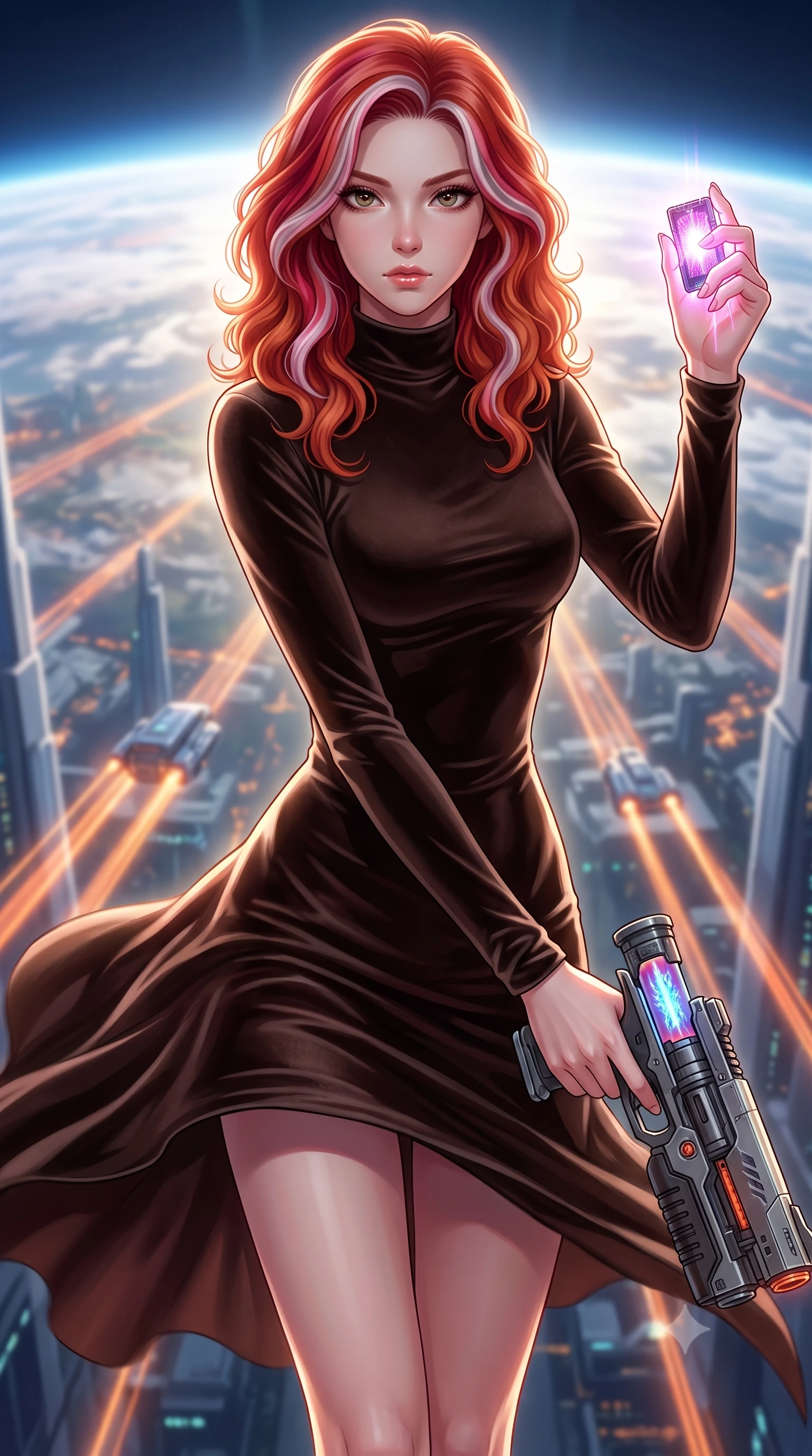 score_9, masterpiece, best quality, ultra-detailed, high-budget anime keyframe, editorial fashion photography, tasteful artistic composition, Caucasian woman, strictly human ears. close-up cowboy shot from the waist and thighs up, the character dominates the composition, filling the frame with her large presence, background elements kept in soft focus. Holding a glowing data drive aloft while reloading a futuristic plasma pistol, ready for the next wave. set against a soft-focus background of the pinnacle of a galactic citadel spire overlooking a capital planet, hover-traffic streaming in orange paths below. She has an exceptionally elegant and slender, willowy female figure with an ultra-slim waist, a gracefully sculpted slender torso, and a refined slim physique. sharp v-shaped jawline, high-bridge nose, intricate jewel-like eyes with depth, thick eyelashes, glossy lips with a natural sheen. wearing the lightweight fabric rippling and billowing dramatically with her movement, a tailored sleek long-sleeve bodycon dress in a dark espresso brown velvet, featuring an elegant high collar. highly saturated vibrant anime colors, intense vivid color palette, soft 3D volumetric shading, volumetric dynamic lighting, dramatic backlight creating a radiant halo effect around her entire silhouette. 2k, ultra detail, master piece, 9:16 ratio