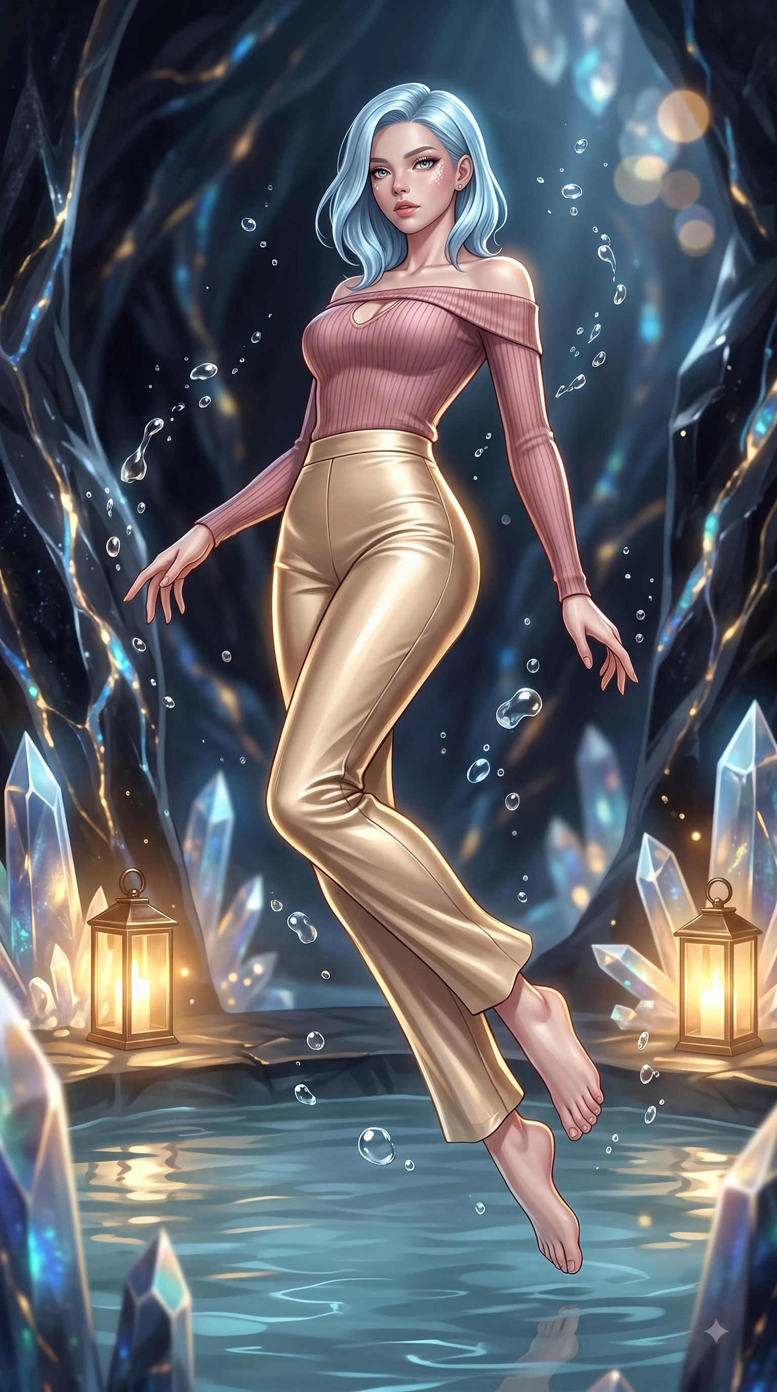 score_9, masterpiece, best quality, ultra-detailed, high-budget anime keyframe, editorial fashion photography, tasteful artistic composition, Korean woman. low angle full-body shot from head to toe showing her feet, filling the entire 9:16 vertical frame with her statuesque presence, stretching her vertical silhouette. pivoting dynamically in zero-gravity with fluid S-curve alignment, displaying her perfect model proportions while floating dynamically in a tranquil thermal pool as crystal spires reflect warm golden lantern light, bioluminescent opal veins pulsing softly in the subterranean obsidian walls. She has an absolutely perfect, statuesque 8.5-heads proportion, an exceptionally tall and slender model-like female figure with impossibly long slender legs and an ultra-slim waist. sharp v-shaped jawline, high-bridge nose, intricate jewel-like eyes with depth, thick eyelashes, glossy lips with a natural sheen, flawlessly proportioned anatomical accuracy, natural body alignment, perfectly sculpted elegant limbs, clean dynamic posture without body distortion. wearing a sleek off-shoulder ribbed knit top paired with high-waist tailored pants in dusty rose and champagne gold, crafted from lustrous satin jersey with fluid draping, accented with a Tasteful chest slit framing her clavicle gracefully, the sleek second-skin texture accentuating her magnetic presence. surrounded by a tranquil, spa-like aura with bright specular rim lights. ultra-reflective glossy finish, specular highlights, metallic sheen, high-contrast stereoscopic depth, volumetric dynamic lighting, 2k, ultra detail, master piece, 9:16 ratio