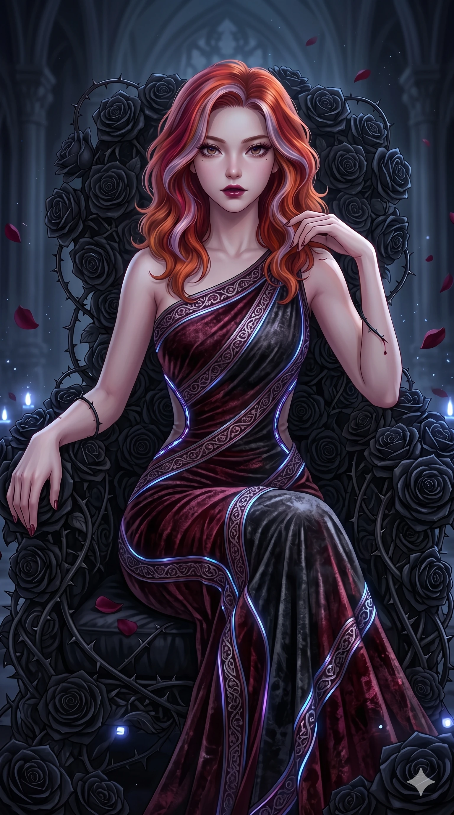 score_9, masterpiece, best quality, ultra-detailed, High-budget Anime Keyframe, East Asian woman. Dynamic full-body shot stretching the vertical silhouette to the limit. Scenario 100: Resting on a throne of black roses, thorns grazing her skin. Her presence is magnetic and overpowering in this high-budget anime scene. Outfit 100: A crushed dark velvet decorative silk bands with a tastefully designed shoulder and glowing LED seams. The clothing is designed to emphasize her exceptionally tall and slender 8-heads proportion. 8-heads proportion, towering silhouette, ultra-slim waist. sharp v-shaped jawline, intricate jewel-like eyes with depth, thick eyelashes, glossy lips. 2k, ultra detail, master piece, 9:16 ratio