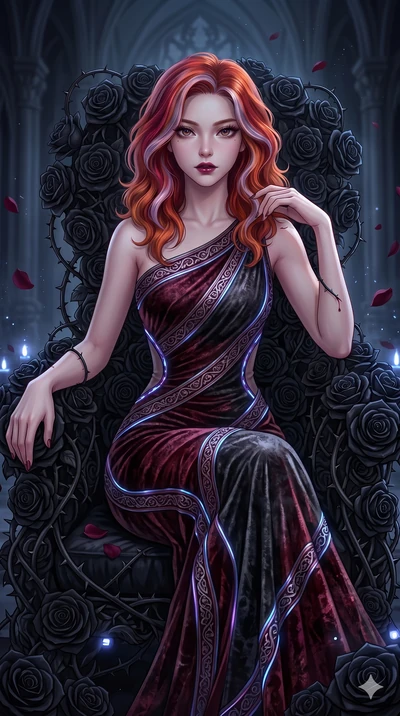 score_9, masterpiece, best quality, ultra-detailed, High-budget Anime Keyframe, East Asian woman. Dynamic full-body shot stretching the vertical silhouette to the limit. Scenario 100: Resting on a throne of black roses, thorns grazing her skin. Her p