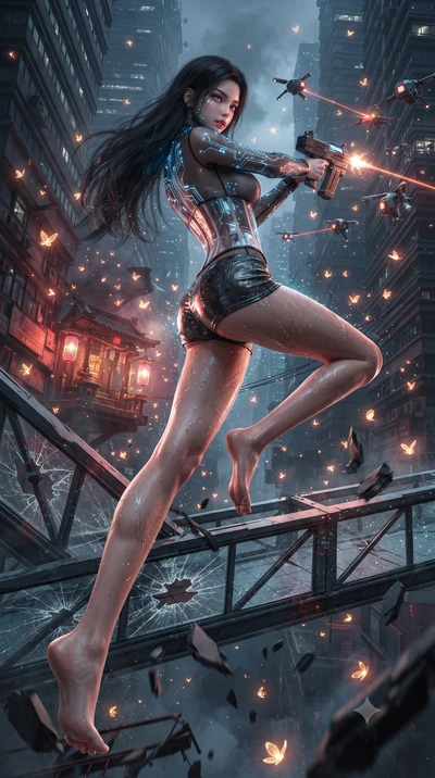 score_9, masterpiece, best quality, ultra-detailed, high-budget anime keyframe, editorial fashion photography, tasteful artistic composition, realistic cosplay photography, Korean woman. low angle full-body shot from head to toe showing her feet, fil