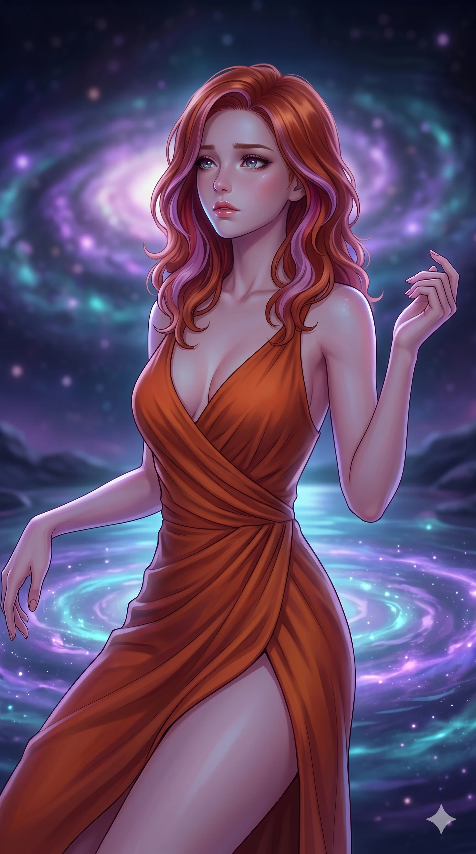 score_9, masterpiece, best quality, ultra-detailed, high-budget anime keyframe, editorial fashion photography, tasteful artistic composition, Caucasian woman, strictly human ears. close-up cowboy shot from the waist and thighs up, the character dominates the composition, filling the frame with her large presence, background elements kept in soft focus. Gazing into the distance with a wistful melancholic expression and softly glowing eyes. set against a soft-focus background of a natural rock pool at the very edge of a spiral galaxy where cosmic gases collect in swirling bioluminescent patterns of violet and teal galaxies reflected in the still luminous surface. She has an exceptionally elegant and slender, willowy female figure with an ultra-slim waist, a gracefully sculpted slender torso, and a refined slim physique. sharp v-shaped jawline, high-bridge nose, intricate jewel-like eyes with depth, thick eyelashes, glossy lips with a natural sheen. wearing an asymmetric wrap-front dress in burnt orange, featuring a deep neckline and a thigh slit. deep cosmic violet and teal bioluminescent glow from the galactic pool surface casting ethereal upward illumination with distant galaxy light providing soft fill. 2k, ultra detail, master piece, 9:16 ratio