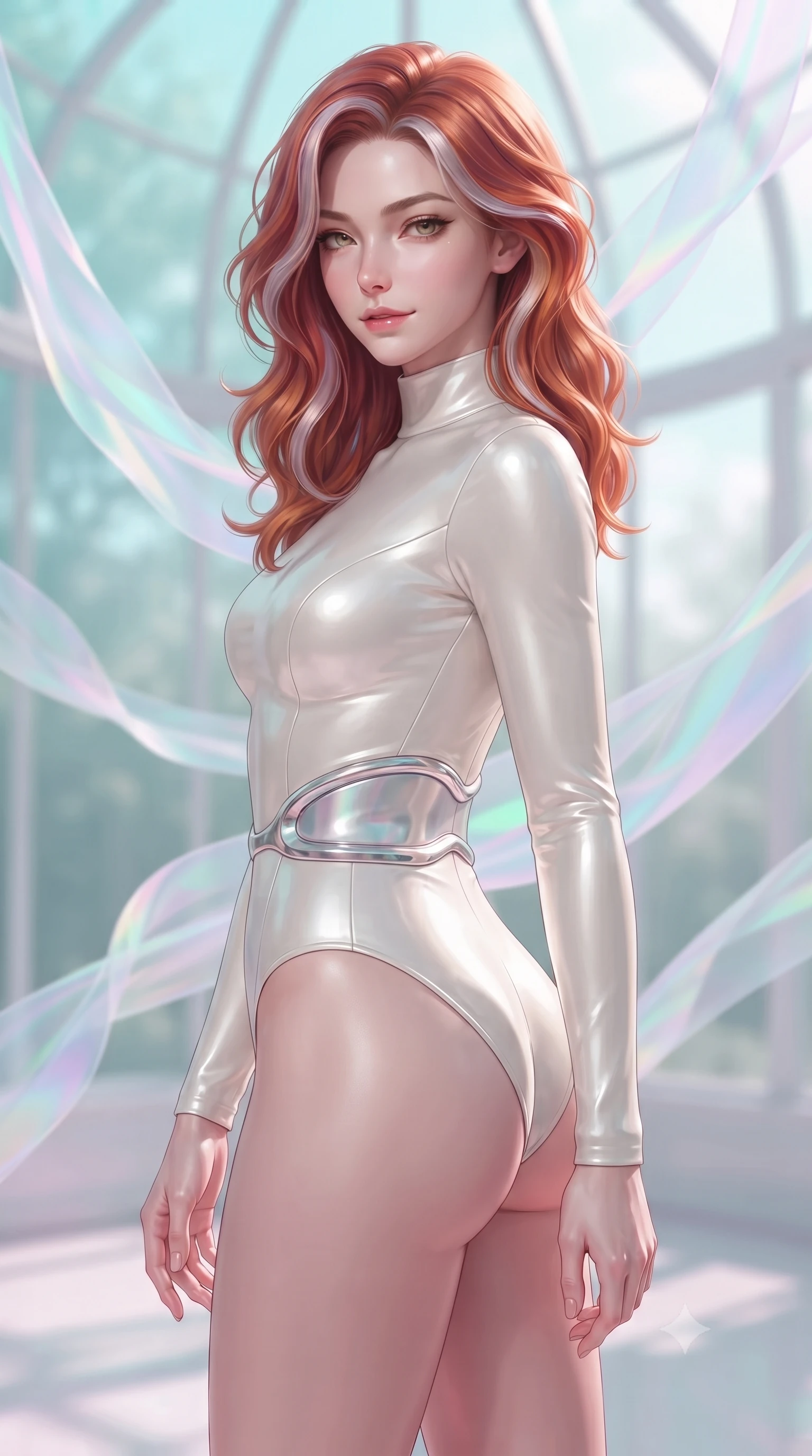 score_9, masterpiece, best quality, ultra-detailed, high-budget anime keyframe, editorial fashion photography, tasteful artistic composition, Caucasian woman. close-up cowboy shot from the waist and thighs up, the character dominates the composition, filling the frame with her large presence, background elements kept in soft focus. Glancing sidelong over her shoulder with a smoldering half-smile, standing inside a glass pavilion draped in floating ribbons of iridescent holographic organza, soft sunlight filtering through organza layers casting pastel color shadows. She has an exceptionally elegant, slender, and willowy female figure with an ultra-slim waist, a gracefully sculpted slender torso, and a refined silhouette. sharp v-shaped jawline, high-bridge nose, intricate jewel-like eyes with depth, thick eyelashes, glossy lips with a natural sheen. wearing sleek high-neck ribbed activewear bodysuit in pearl white in pearl white, made of polished ivory leather, accented with sculpted opal chrome rings at the waist, following her slender form with tailored precision. bathed in soft airy daylight with pastel turquoise and magenta highlights. ultra-reflective glossy finish, specular highlights, metallic sheen, high-contrast stereoscopic depth, volumetric dynamic lighting, 2k, ultra detail, master piece, 9:16 ratio