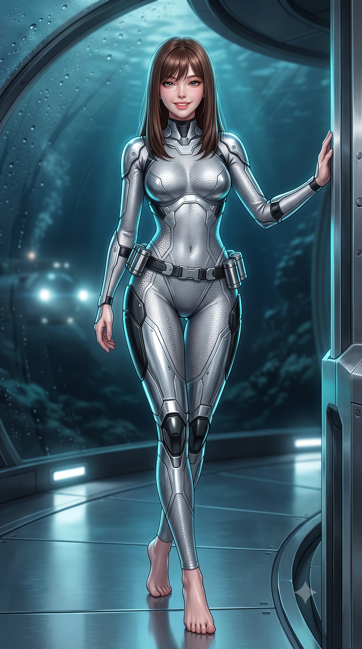 score_9, masterpiece, best quality, ultra-detailed, high-budget anime keyframe, semi-realistic 3D game render, editorial fashion photography, tasteful artistic composition, Korean woman. low angle full-body shot from head to toe showing her feet, filling the entire 9:16 vertical frame with her statuesque presence, stretching her vertical silhouette. striding forward gracefully across the reflective metal deck in mid-motion with a radiant beaming smile, hips swaying in an alluring kinetic rhythm that accentuates her curvy hourglass silhouette and long slender legs while leaning against the reinforced titanium viewing bulkhead with hips cocked back, casting an alluring bedroom-gaze through dark ocean currents. The background shows a soft-focus condensation beads on curved dome glass and distant research submarine headlights softened in moody aquatic shallow focus. She has an absolutely perfect, statuesque 8.5-heads proportion, an exceptionally tall and slender model-like female figure with impossibly long slender legs, an ultra-slim waist, a flat toned midriff, narrow delicate ribcage, and beautifully sculpted feminine hips creating a graceful, slim hourglass silhouette without any bulky heaviness. sharp v-shaped jawline, high-bridge nose, intricate jewel-like sparkling eyes with depth, thick eyelashes, glossy parted lips with a natural sheen, bright confident smile with an enchanting and coquettish sensual glint, exuding both youthful magnetic charm and sovereign high-tech allure, flawlessly proportioned anatomical accuracy, strict slender model proportions, natural body alignment, perfectly sculpted long slender limbs, ultra-slim waistline, clean dynamic posture without body distortion. wearing a form-contouring delicate silver nano-mesh bodysuit with strategically placed chrome armor plate guards covering key curves in liquid chrome silver and pitch black, woven from delicate semi-opaque high-tensile nano-mesh with intricate hexagonal micro-patterns, accented with a sleek utility belt with polished magnetic canisters resting loosely on her curvy hips, the aerodynamic second-skin silhouette tightly following the natural contour of her hips and long slender legs with youthful 8.5-heads elegance. illuminated by external submarine floodlights and sharp cyan rim lights carving her razor-sharp jawline, narrow waist, and curvy hips. highly saturated vibrant anime colors, detailed shading with soft gradients, rich glossy textures, high-contrast stereoscopic depth, volumetric dynamic lighting, master piece, 9:16 ratio