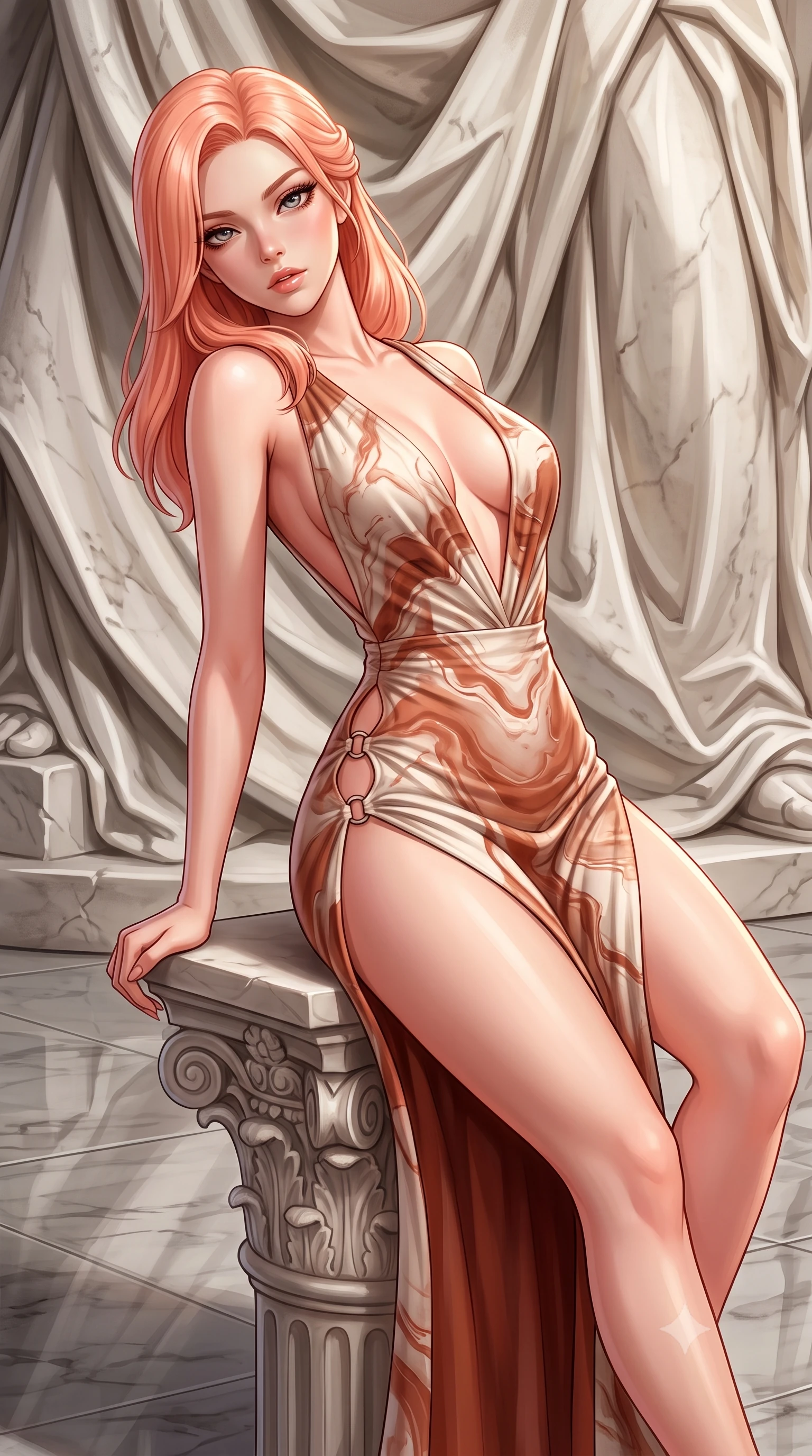score_9, masterpiece, best quality, ultra-detailed, high-budget anime keyframe, semi-realistic 3D game render, editorial fashion photography, tasteful artistic composition, Japanese woman. close-up cowboy shot from the waist and thighs up, the character dominates the composition, filling the frame with her large presence. leaning back with relaxed seductive grace, her sculpted collarbones and narrow waist highlighted as she casts smoldering bedroom-eyes directly into the camera while perching on a classical marble pedestal with back arched like a Renaissance sculpture, hips tilted in a dramatic contrapposto pose. The surrounding environment is rendered in vivid detail and crisp panoramic clarity. sharp carved marble drapery folds, chisel mark textures, and polished stone floor reflections in deep focus. She has an exceptionally elegant, slender, and willowy female figure with an ultra-slim waist, a gracefully sculpted slender torso, toned flat midriff, and rounded feminine hips creating an alluring hourglass silhouette. sharp v-shaped jawline, high-bridge nose, intricate jewel-like eyes with depth, thick eyelashes, glossy parted lips with a natural sheen, intensely captivating and seductive bedroom-eyes expression, flawlessly proportioned anatomical accuracy, strict slender model proportions, natural body alignment, perfectly sculpted long slender limbs, ultra-slim waistline, clean dynamic posture without body distortion. wearing a plunging-V neckline marble-print silk gown with open side slits ascending to the high hip in terracotta clay and natural linen ivory, tailored from liquid silk jersey adhering like living marble to her slender build, finished with an ultra-high side slit secured by miniature marble ring clasps, the liquid-tight tailored fabric clinging flawlessly to her narrow waist and rounded feminine hips, emphasizing every millimeter of her sculpted hourglass curves during movement. surrounded by a divine, timeless, and breathtakingly majestic living sculpture goddess aura. highly saturated vibrant anime colors, detailed shading with soft gradients, rich glossy textures, high-contrast stereoscopic depth, volumetric dynamic lighting, master piece, 9:16 ratio