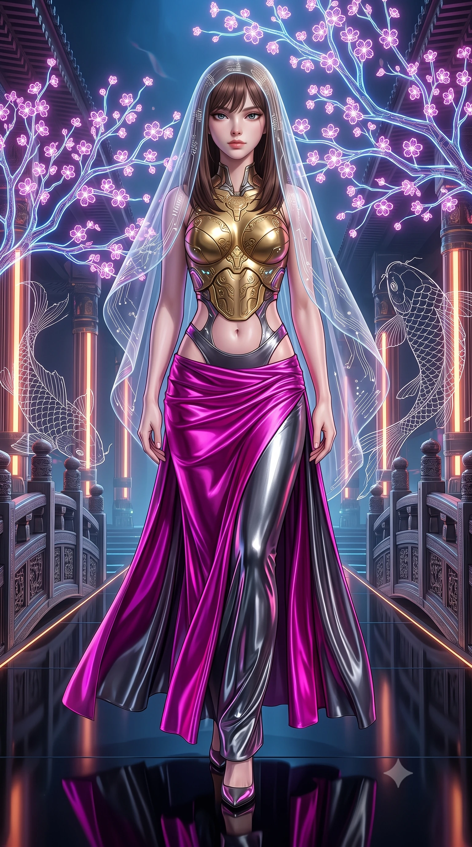 score_9, masterpiece, best quality, ultra-detailed, high-budget anime keyframe, semi-realistic 3D game render, editorial fashion photography, tasteful artistic composition, Korean woman. low angle full-body shot from head to toe showing her feet, filling the entire 9:16 vertical frame with her statuesque presence, stretching her vertical silhouette. striding forward with commanding supermodel grace, her 8.5-heads statuesque silhouette dominating the vertical frame from head to toe while pivoting dynamically on a black glass runway as holographic cherry blossom branches branch out in glowing neon lines. The surrounding environment is rendered in vivid detail and crisp panoramic clarity. intricate holographic koi wireframe scales, glowing pillar conduits, and bridge carvings in high clarity. She has an absolutely perfect, statuesque 8.5-heads proportion, an exceptionally tall and slender model-like female figure with impossibly long slender legs, a toned flat midriff, and an ultra-slim waist. sharp v-shaped jawline, high-bridge nose, intricate jewel-like eyes with depth, thick eyelashes, glossy lips with a natural sheen, flawlessly proportioned anatomical accuracy, strict slender model proportions, natural body alignment, perfectly sculpted long slender limbs, ultra-slim waistline, clean dynamic posture without body distortion. wearing an ethereal translucent cyber-veil paired with a sculpted golden mechanical cuirass and high-fashion draped silk skirt in vibrant electric magenta and ultra-reflective dark titanium, made of liquid jersey fabric that clings flawlessly to every contour of her build, featuring a sleek aerodynamic collar framed by subtle glowing cybernetic accents, the precision-cut daring openings accentuating her delicate midriff, graceful bare collarbones, and ultra-slim feminine waistline. surrounded by an exotic, romantic, and breathtakingly stylish cyber-goddess aura. rich saturated anime colors with glowing neon highlights, detailed shading with soft gradients, rich glossy textures, high-contrast stereoscopic depth, volumetric dynamic lighting, master piece, 9:16 ratio