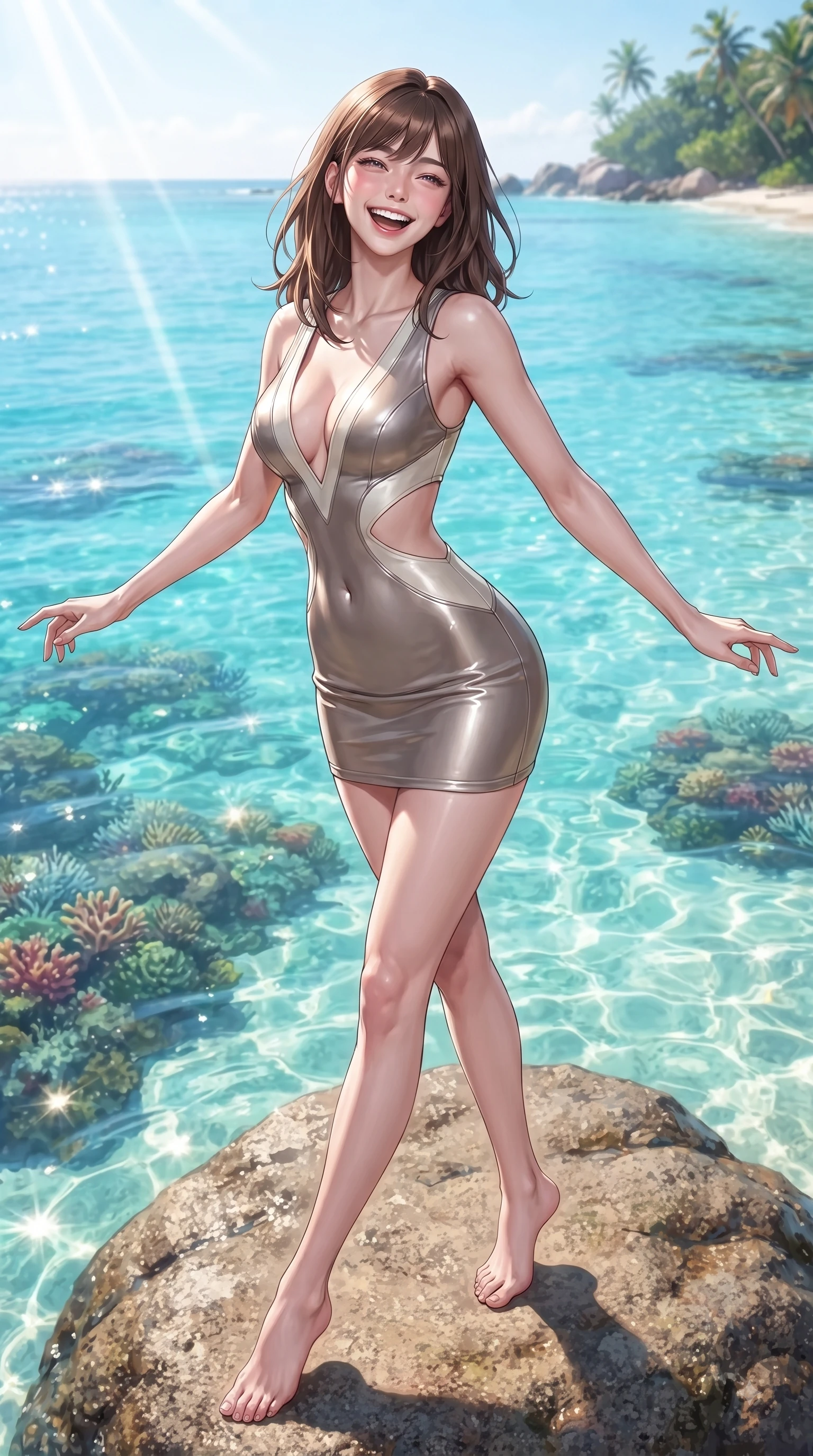 score_9, masterpiece, best quality, ultra-detailed, high-budget anime keyframe, editorial fashion photography, tasteful artistic composition, Korean woman. low angle full-body shot from head to toe showing her feet, filling the entire 9:16 vertical frame with her statuesque presence, stretching her vertical silhouette. pivoting dynamically in zero-gravity with a delighted laughing expression, displaying her perfect model proportions while pivoting gracefully on a sun-drenched granite sea boulder with a beaming happy expression, crystal-clear turquoise water revealing vibrant coral reefs shimmering beneath bright sunbeams. She has an absolutely perfect, statuesque 8.5-heads proportion, an exceptionally tall and slender model-like female figure with impossibly long slender legs and an ultra-slim waist. sharp v-shaped jawline, high-bridge nose, intricate jewel-like eyes with depth, thick eyelashes, glossy lips with a natural sheen, flawlessly proportioned anatomical accuracy, natural body alignment, perfectly sculpted elegant limbs, clean dynamic posture without body distortion. wearing a liquid mercury gloss mini dress with ultra-deep V-neck and waist cutouts in muted taupe and soft ivory, formed from sleek second-skin neoprene, featuring clean architectural cutouts along her slender torso, the tailored fabric tightly following every curve of her athletic build. surrounded by a bright, pristine beach ambiance with cheerful specular highlights. ultra-reflective glossy finish, specular highlights, metallic sheen, high-contrast stereoscopic depth, volumetric dynamic lighting, 2k, ultra detail, master piece, 9:16 ratio