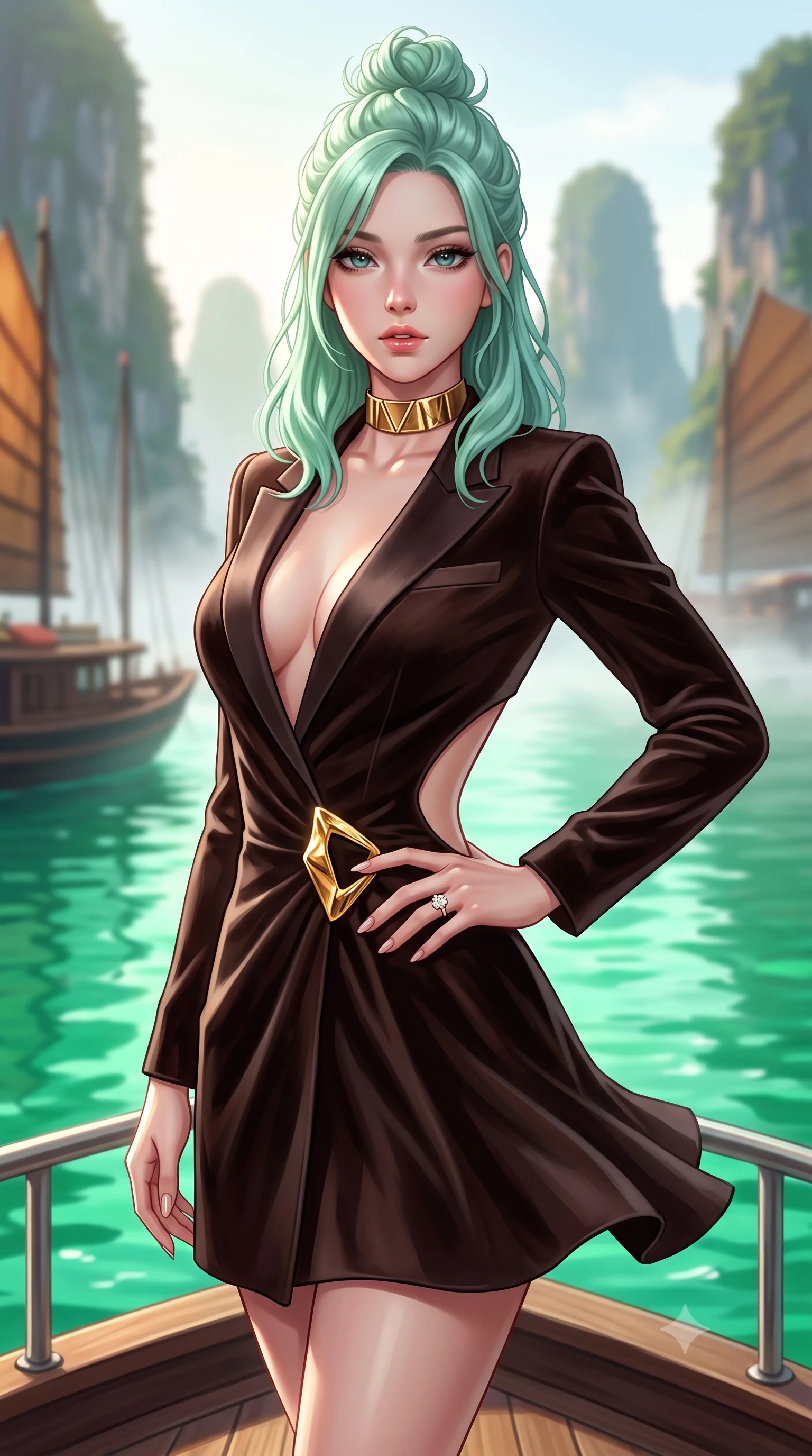 score_9, masterpiece, best quality, ultra-detailed, high-budget anime keyframe, semi-realistic 3D game render, editorial fashion photography, tasteful artistic composition, Japanese woman. close-up cowboy shot from the waist and thighs up, the character dominates the composition, filling the frame with her large presence. resting one manicured hand delicately on her hip bone, her upper body turning in a fluid, seductive S-curve while parted lips glisten in the light while standing poised on the forward observation deck with one hand on her hip, her silk dress fluttering in the morning sea breeze as towering limestone pillars surround her. The composition keeps background elements in soft focus with creamy bokeh. traditional junk boat sails and rising morning sea mist softened in mystical Vietnamese shallow focus. She has an exceptionally elegant, slender, and willowy female figure with an ultra-slim waist, flat toned midriff, narrow ribcage, and sculpted feminine hips creating an alluring, slim hourglass silhouette without bulk. sharp v-shaped jawline, high-bridge nose, intricate jewel-like eyes with depth, thick eyelashes, glossy parted lips with a natural sheen, intensely captivating and seductive bedroom-eyes expression, flawlessly proportioned anatomical accuracy, strict slender model proportions, natural body alignment, perfectly sculpted long slender limbs, ultra-slim waistline, clean dynamic posture without body distortion. wearing a tailored velvet tuxedo jacket dress with satin lapels, worn with a deep plunge neckline and gold hip buckle in dark espresso brown and molten gold foil, tailored from liquid silk jersey adhering flawlessly to her slender build, complemented by a bold geometric choker and sparkling cocktail ring, the precision-cut side openings and low-back scoop framing her graceful spine and the sensual sweep of her slim, toned hips. illuminated by radiant jade water reflections accentuating her sculpted midriff, narrow waist, and curvy hips. highly saturated vibrant anime colors, detailed shading with soft gradients, rich glossy textures, high-contrast stereoscopic depth, volumetric dynamic lighting, master piece, 9:16 ratio