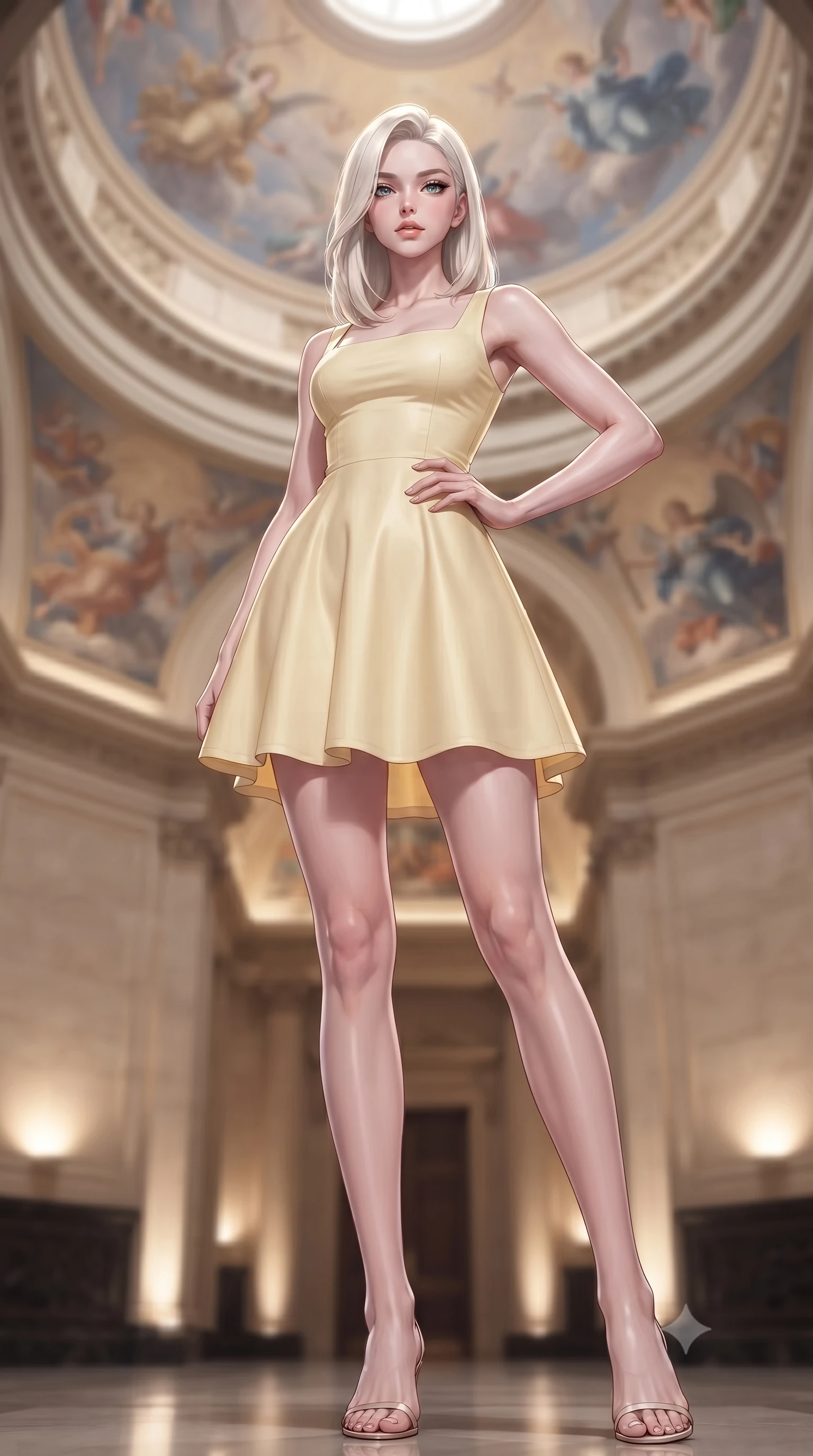 score_9, masterpiece, best quality, ultra-detailed, high-budget anime keyframe, editorial fashion photography, tasteful artistic composition, Caucasian woman. low angle full-body shot from head to toe showing her feet, filling the entire 9:16 vertical frame with her statuesque presence, stretching her vertical silhouette. posing confidently with one hand on her hip, stretching her statuesque body to emphasize her curves the background shows a soft-focus the high-ceiling dome corridor of an opera house with celestial paintings. She has an absolutely perfect, statuesque 8.5-heads proportion, an exceptionally tall and slender model-like female figure with impossibly long slender legs and an ultra-slim waist. sharp v-shaped jawline, high-bridge nose, intricate jewel-like eyes with depth, thick eyelashes, glossy lips with a natural sheen. wearing a slim-fit casual summer sundress in pale yellow cotton with a simple square neckline. soft uplighting casting a peaceful, grand glow over her silhouette. ultra-reflective glossy finish, specular highlights, metallic sheen, high-contrast stereoscopic depth, volumetric dynamic lighting, 2k, ultra detail, master piece, 9:16 ratio
