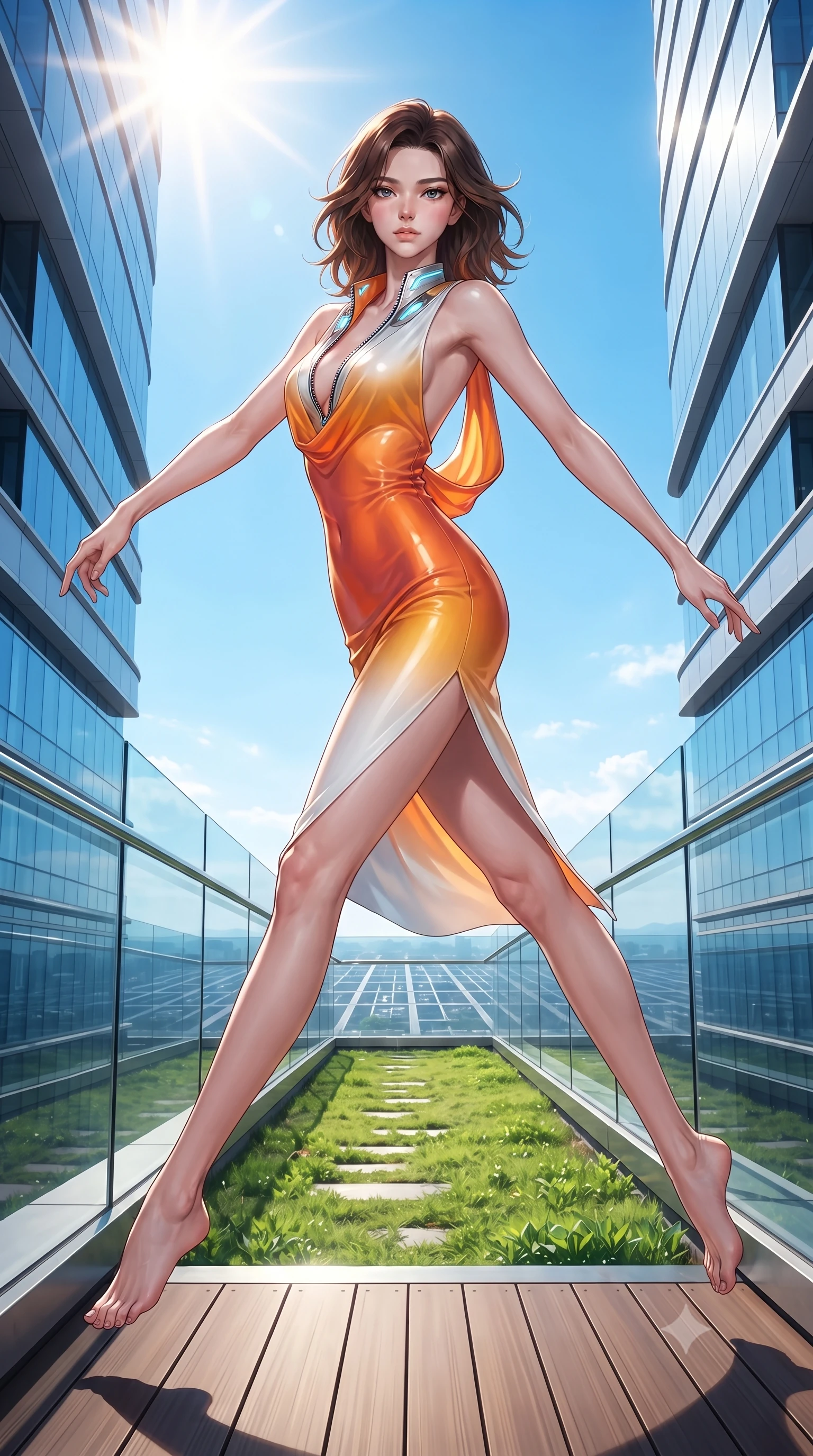 score_9, masterpiece, best quality, ultra-detailed, high-budget anime keyframe, editorial fashion photography, tasteful artistic composition, Korean woman. low angle full-body shot from head to toe showing her feet, filling the entire 9:16 vertical frame with her statuesque presence, stretching her vertical silhouette. leaping through mid-air with an athletic yet alluring arch of her spine, her impossibly long slender legs stretched in flawless poise while stepping along a verdant sky-garden walkway suspended between twin gleaming architectural towers. The surrounding environment is rendered in vivid detail and crisp panoramic clarity. sharp glass deck railings, wooden deck textures, and distant city grid patterns in high clarity. She has an absolutely perfect, statuesque 8.5-heads proportion, an exceptionally tall and slender model-like female figure with impossibly long slender legs, a toned flat midriff, and an ultra-slim waist. sharp v-shaped jawline, high-bridge nose, intricate jewel-like eyes with depth, thick eyelashes, glossy lips with a natural sheen, flawlessly proportioned anatomical accuracy, strict slender model proportions, natural body alignment, perfectly sculpted long slender limbs, ultra-slim waistline, clean dynamic posture without body distortion. wearing a precision-fitted liquid jersey bodycon dress with a dramatic draped cowl back that swoops down to her waist and a high side slit in vivid sunset amber orange and cloud white, crafted from ultra-reflective second-skin latex with a high-gloss glass-like polish, featuring a dangerously unzipped neckline framed by glowing cybernetic accents, the liquid-tight tailored fabric emphasizing every curve of her tall, slender model proportions and sculptured silhouette during dynamic movement. bathed in brilliant high-noon sunbursts and rich sky-blue ambient bounce light. ultra-reflective glossy finish, specular highlights, metallic sheen, high-contrast stereoscopic depth, volumetric dynamic lighting, 2k, ultra detail, master piece, 9:16 ratio