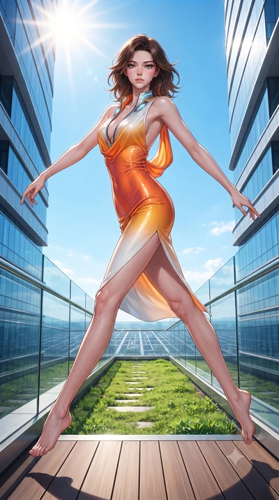 score_9, masterpiece, best quality, ultra-detailed, high-budget anime keyframe, editorial fashion photography, tasteful artistic composition, Korean woman. low angle full-body shot from head to toe showing her feet, filling the entire 9:16 vertical f