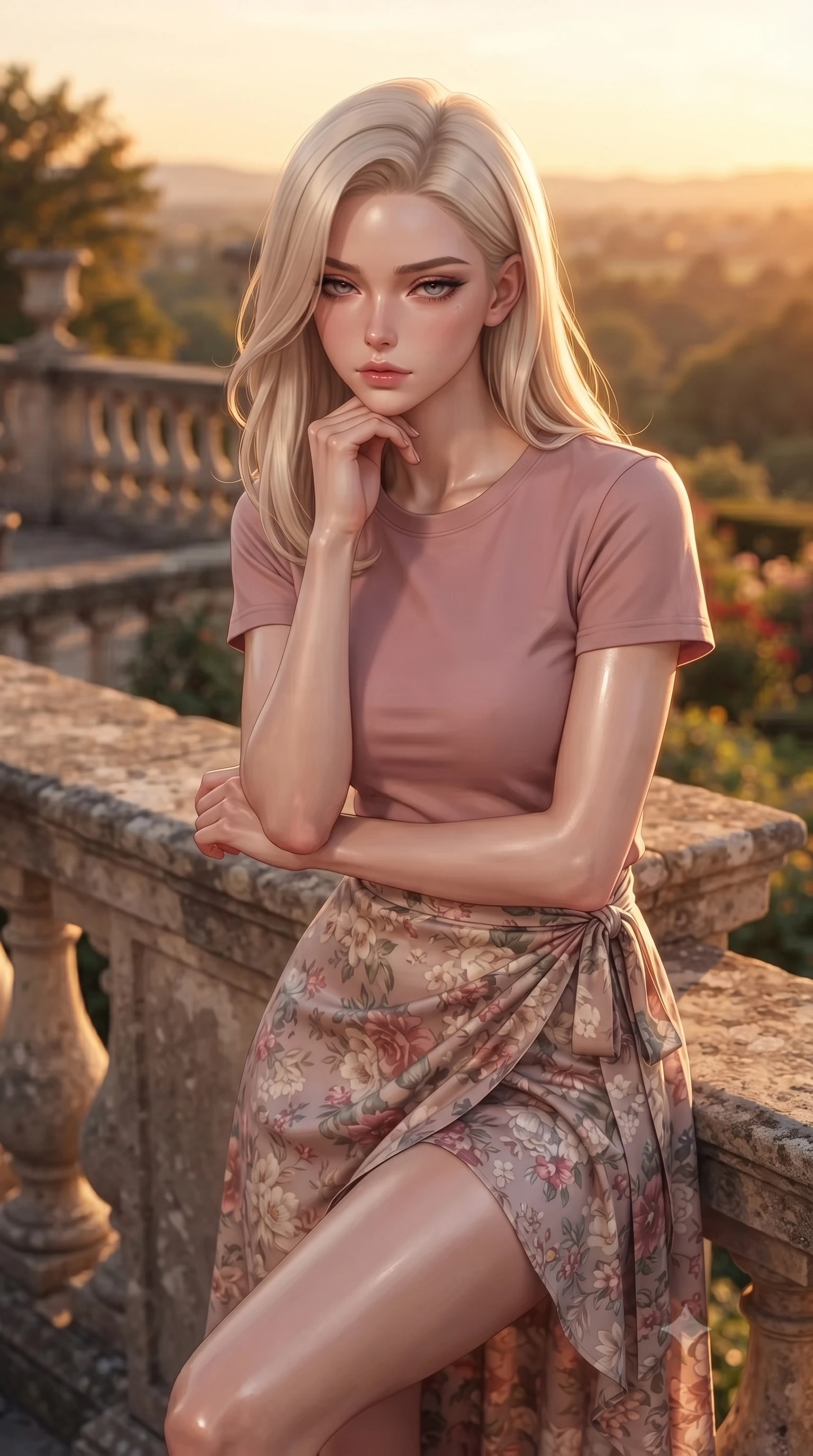 score_9, masterpiece, best quality, ultra-detailed, high-budget anime keyframe, editorial fashion photography, tasteful artistic composition, Caucasian woman. close-up cowboy shot from the waist and thighs up, the character dominates the composition, filling the frame with her large presence, background elements kept in soft focus. resting her chin on the backs of her fingers, casting a heavy-lidded, sultry look past the camera the background shows a soft-focus a historic estate balustrade terrace looking down at a botanical valley at sunset. She has an exceptionally elegant, slender, and willowy female figure with an ultra-slim waist, a gracefully sculpted slender torso, and a refined silhouette. sharp v-shaped jawline, high-bridge nose, intricate jewel-like eyes with depth, thick eyelashes, glossy lips with a natural sheen. wearing a tailored simple crewneck t-shirt in dusty pink paired with a floral print wrap skirt. late afternoon sun casting a majestic golden glow over the stone walls. ultra-reflective glossy finish, specular highlights, metallic sheen, high-contrast stereoscopic depth, volumetric dynamic lighting, 2k, ultra detail, master piece, 9:16 ratio