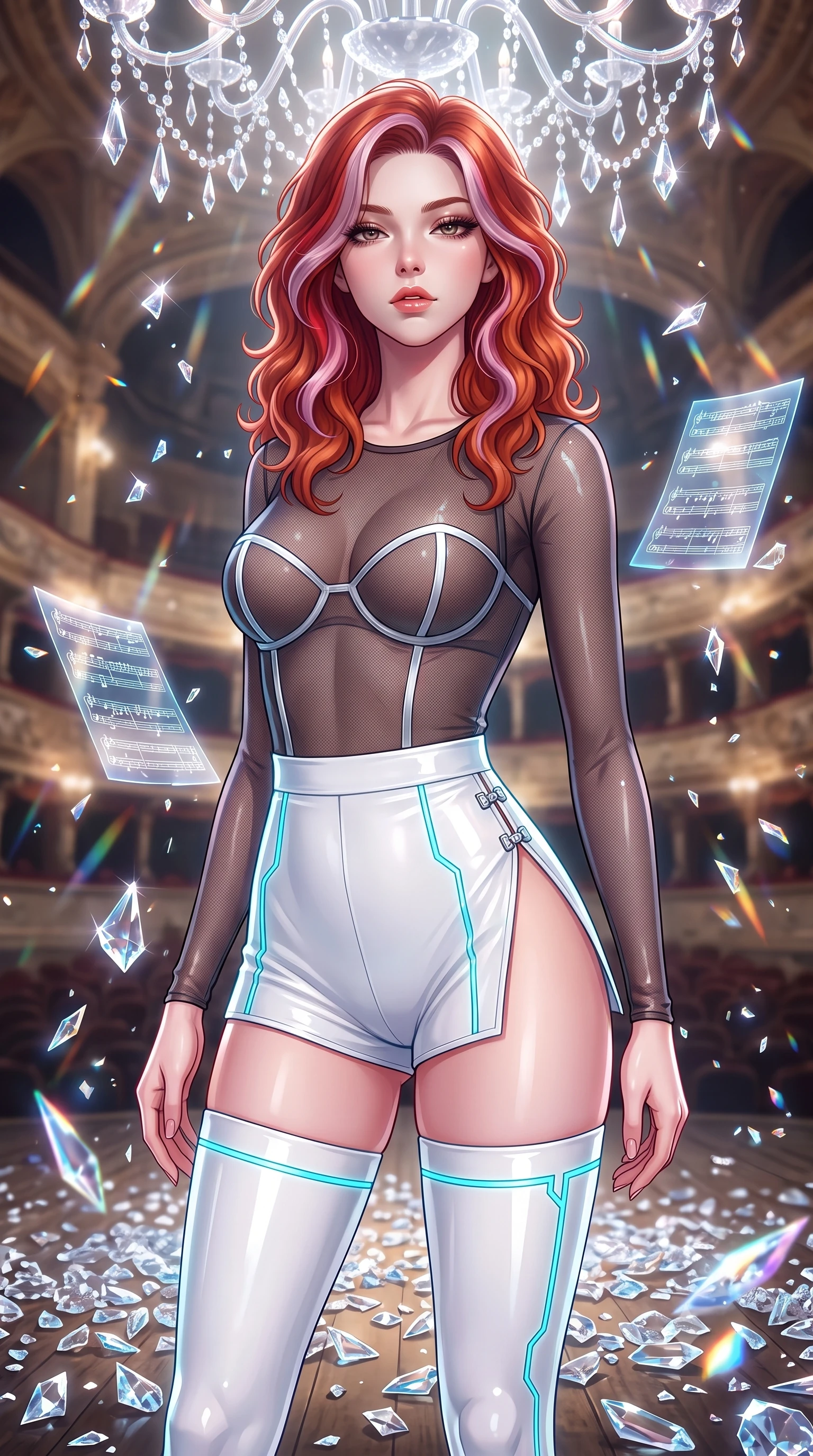 score_9, masterpiece, best quality, ultra-detailed, high-budget anime keyframe, semi-realistic 3D game render, editorial fashion photography, tasteful artistic composition, Caucasian woman. close-up cowboy shot from the waist and thighs up, the character dominates the composition, filling the frame with her large presence. casting a slow, smoldering gaze beneath heavy lashes with parted glossy lips, her head slightly tilted in captivating self-assurance while standing with regal posture amidst thousands of shattered crystal chandelier prisms on an opera stage. The composition keeps background elements in soft focus with creamy bokeh. floating holographic sheet music and chandelier refractions scattering light across a majestic backdrop. She has an exceptionally elegant, slender, and willowy female figure with an ultra-slim waist, a gracefully sculpted slender torso, and a refined silhouette. sharp v-shaped jawline, high-bridge nose, intricate jewel-like eyes with depth, thick eyelashes, glossy lips with a natural sheen, flawlessly proportioned anatomical accuracy, natural body alignment, perfectly sculpted elegant limbs, clean dynamic posture without body distortion. wearing a delicate see-through dark mesh top with structured cup boning, paired with high-cut micro-shorts and thigh-high stockings in pure snow white latex and glowing cyan circuit seams, crafted from ultra-reflective second-skin latex with a glass-like polish, finished with an ultra-high side slit secured by miniature magnetic clasps, the form-contouring second-skin material highlighting her ultra-slim waist and long lines. illuminated by sparkling crystal refractions and crisp white front key lighting. highly saturated vibrant anime colors, detailed shading with soft gradients, rich glossy textures, high-contrast stereoscopic depth, volumetric dynamic lighting, master piece, 9:16 ratio
