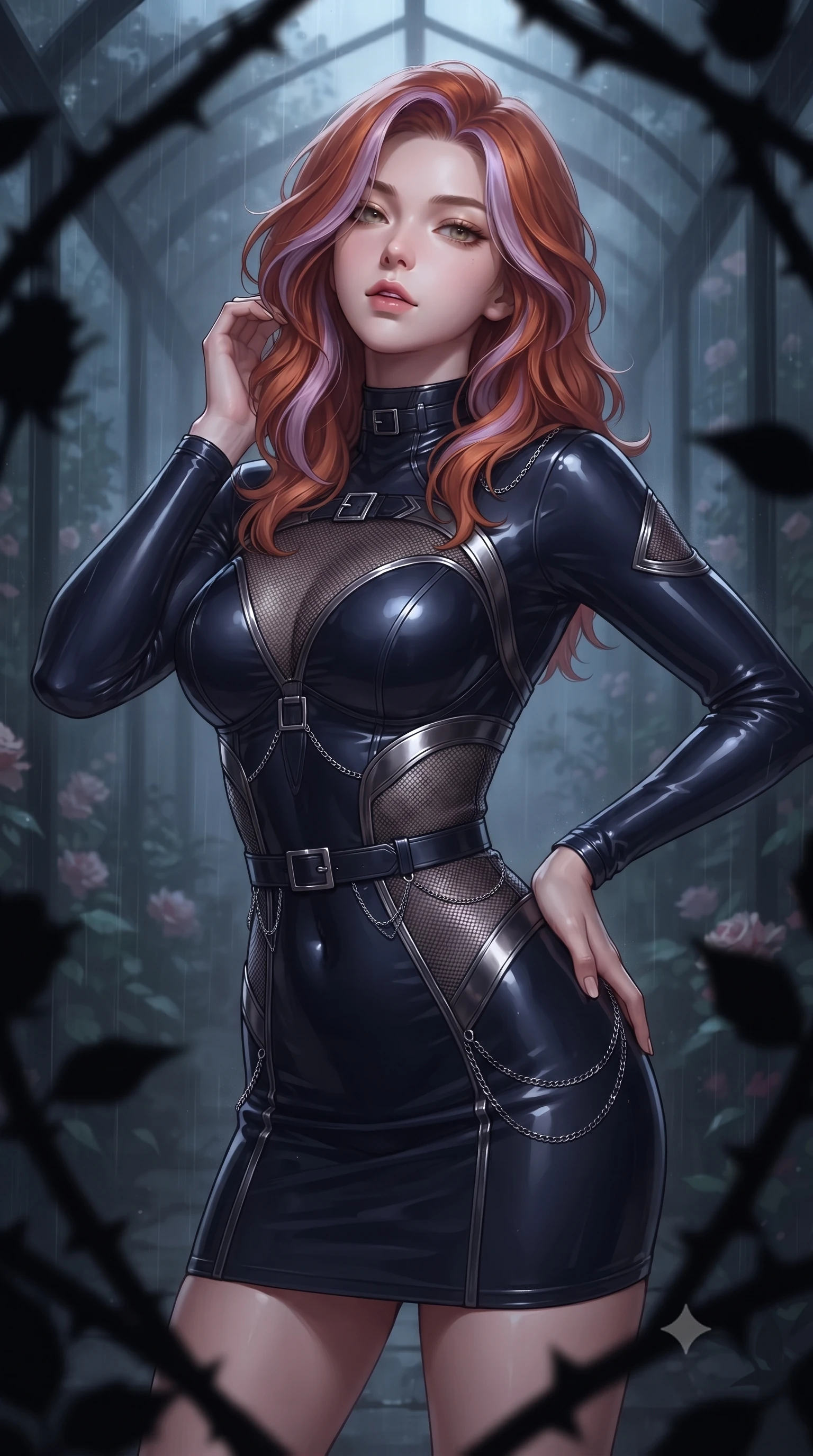 score_9, masterpiece, best quality, ultra-detailed, high-budget anime keyframe, editorial fashion photography, tasteful artistic composition, Caucasian woman. close-up cowboy shot from the waist and thighs up, the character dominates the composition, filling the frame with her large presence, background elements kept in soft focus. Tilting her chin up slightly with lips parted in a composed, mysterious expression, navigating a dark glass corridor shrouded in midnight fog and rain, shadowy rose thorn silhouettes creating dramatic foreground framing. She has an exceptionally elegant, slender, and willowy female figure with an ultra-slim waist, a gracefully sculpted slender torso, and a refined silhouette. sharp v-shaped jawline, high-bridge nose, intricate jewel-like eyes with depth, thick eyelashes, glossy lips with a natural sheen. wearing glove-like fit dark navy latex bodycon mini dress in metallic dark silver, made of fine dark contouring mesh, framed by dark titanium buckles and silver chain details, the fitted fabric emphasizing her ultra-slim waist. lit by intense nocturnal key light cutting through dense greenhouse fog. highly saturated vibrant anime colors, detailed shading with soft gradients, rich glossy textures, high-contrast stereoscopic depth, volumetric dynamic lighting, master piece, 9:16 ratio