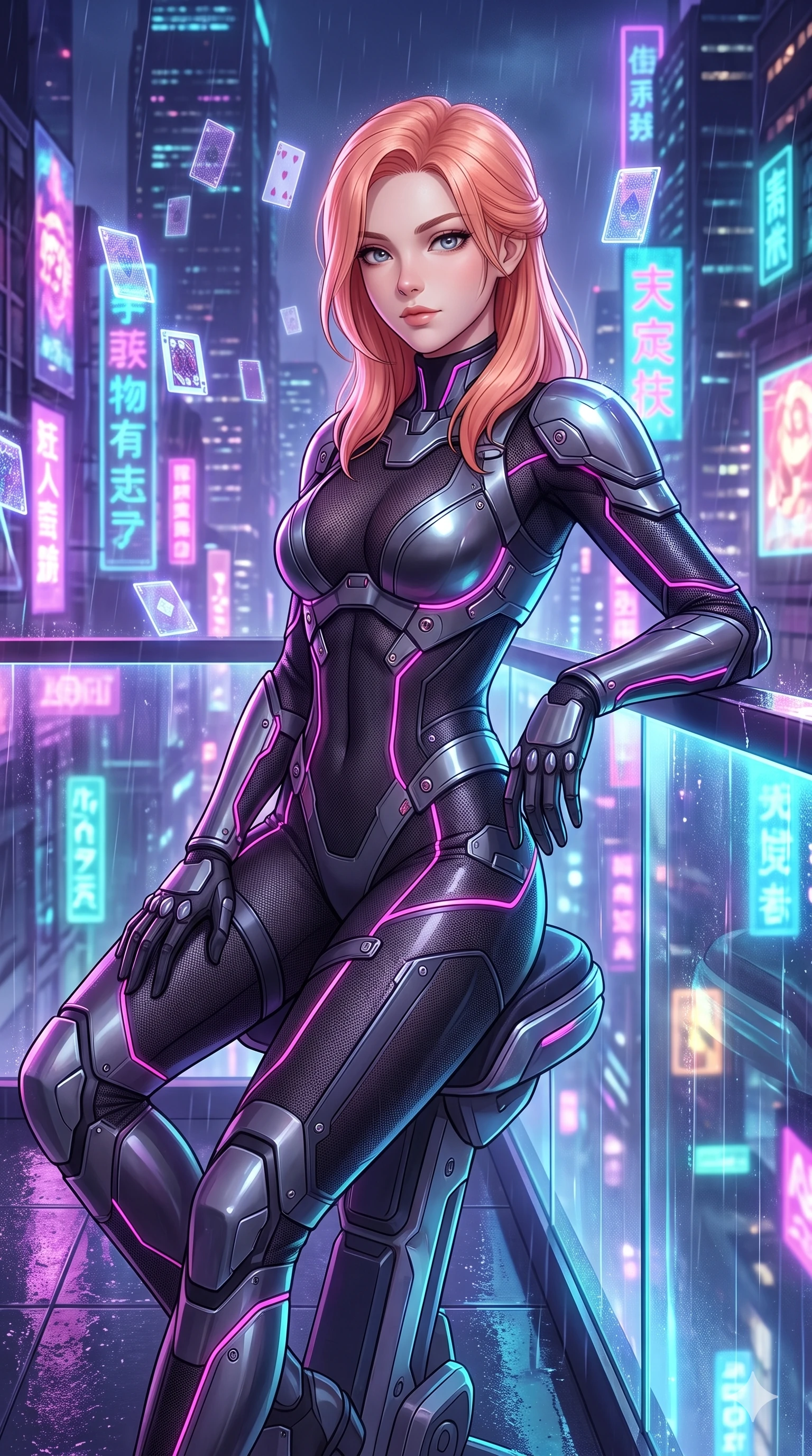 score_9, masterpiece, best quality, ultra-detailed, high-budget anime keyframe, semi-realistic 3D game render, editorial fashion photography, tasteful artistic composition, Japanese woman. close-up cowboy shot from the waist and thighs up, the character dominates the composition, filling the frame with her large presence. perched sideways on the pilot seat, one knee drawn up to showcase her slender leg line while her arched back accentuates her feminine hip curve while leaning against the glowing glass terrace railing with hips cocked back, looking through rain-slicked holographic billboard reflections with smoldering eyes. The background shows a soft-focus colossal towering neon kanji billboards, streams of holographic playing cards, and distant flying traffic blurred into magenta, electric cyan, and deep purple bokeh. She has an exceptionally elegant, slender, and willowy female figure with an ultra-slim waist, flat toned midriff, narrow ribcage, and sculpted feminine hips creating an alluring, slim hourglass silhouette without bulk. sharp v-shaped jawline, high-bridge nose, intricate jewel-like sparkling eyes with depth, thick eyelashes, glossy parted lips with a natural sheen, bright confident smile with an enchanting and coquettish sensual glint, exuding both youthful magnetic charm and sovereign high-tech allure, flawlessly proportioned anatomical accuracy, strict slender model proportions, natural body alignment, perfectly sculpted long slender limbs, ultra-slim waistline, clean dynamic posture without body distortion. wearing a form-contouring semi-opaque dark mesh catsuit with carbon-plated cups and fine lace-pattern panels across her torso in deep titanium gunmetal and radiant magenta neon, adorned with delicate chrome ring hardware and cutouts along her slender waist, accented with strategically placed chrome armor plate guards covering key curves, the impeccably tailored cut draping gracefully along her slender figure with aristocratic poise. bathed in the vibrant, highly saturated glow of magenta, electric cyan, and ultraviolet neon billboards. highly saturated vibrant anime colors, detailed shading with soft gradients, rich glossy textures, high-contrast stereoscopic depth, volumetric dynamic lighting, master piece, 9:16 ratio