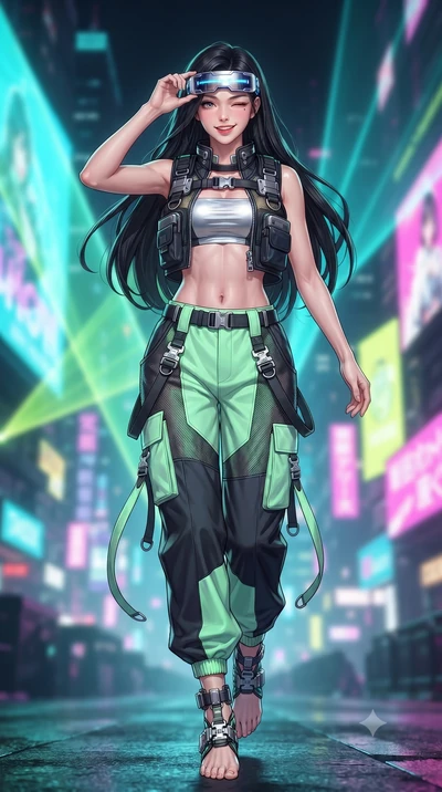 score_9, masterpiece, best quality, ultra-detailed, high-budget anime keyframe, editorial fashion photography, tasteful artistic composition, Korean woman. low angle full-body shot from head to toe showing her feet, filling the entire 9:16 vertical f