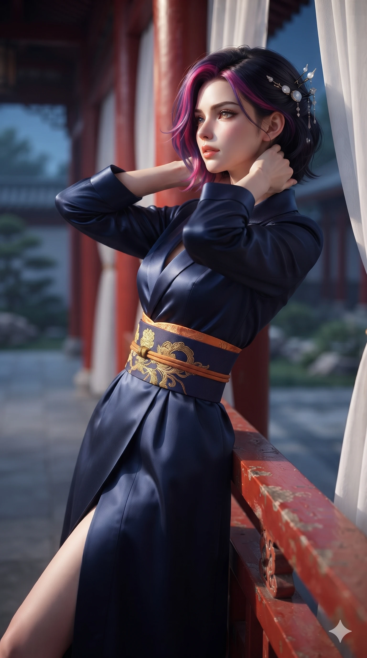 score_9, masterpiece, best quality, ultra-detailed, high-budget anime keyframe, editorial fashion photography, tasteful artistic composition, Caucasian woman. close-up cowboy shot from the waist and thighs up, the character dominates the composition, filling the frame with her large presence. resting both hands lightly behind her neck with elbows raised, arching her spine to highlight her narrow waist, flat midriff, and breathtaking collarbones while leaning against the red lacquer railing with hips cocked back, looking out into the palace gardens with heavy-lidded bedroom-eyes. The background shows a soft-focus endless perspective of red lacquer pillars, fluttering white silk gauze curtains, and moonlit courtyards blurred into vermilion, pure white, and slate bokeh. She has an exceptionally elegant, slender, and willowy female figure with an ultra-slim waist, flat toned midriff, narrow ribcage, and sculpted feminine hips creating an alluring, slim hourglass silhouette without bulk. sharp v-shaped jawline, high-bridge nose, sparkling eyes with hypnotic seductive depth, thick curled eyelashes, glossy parted lips with a natural dewy peach sheen, alluring bedroom-eyes with an enchanting coquettish smile, exuding magnetic siren charisma and sophisticated glamour, flawlessly proportioned anatomical accuracy, strict slender model proportions, natural body alignment, perfectly sculpted long slender limbs, ultra-slim waistline, clean dynamic posture without body distortion. wearing a structured midnight blue silk after-hours durumagi long robe dress with satin lapels and a gold-embroidered obi sash in sunset tangerine orange and deep navy indigo, tailored from heavy double-faced silk faille with an exceptionally fluid drape, finished with delicate mother-of-pearl hairpin ornaments glinting in her dark glossy hair, the bespoke structured tailoring following the natural line of her 8.5-heads silhouette with refined elegance. bathed in high-contrast full-moon light streaming horizontally between veranda pillars. ultra-reflective glossy finish, specular highlights, rich textural contrasts, high-contrast stereoscopic depth, volumetric dynamic lighting, 2k, ultra detail, master piece, 9:16 ratio