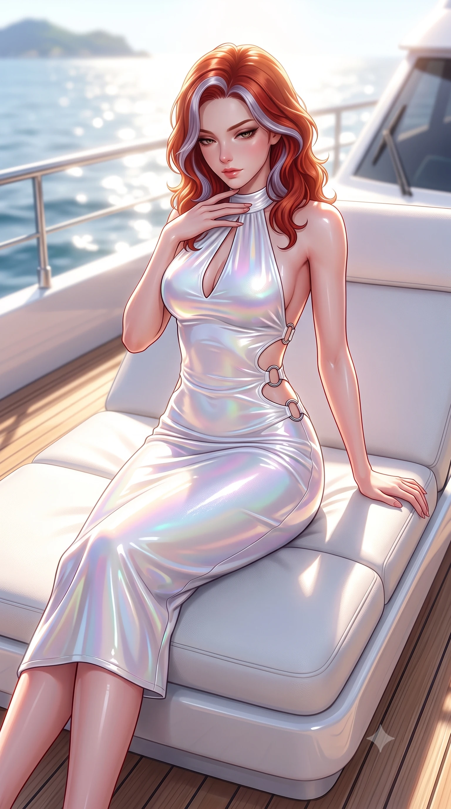 score_9, masterpiece, best quality, ultra-detailed, high-budget anime keyframe, semi-realistic 3D game render, editorial fashion photography, tasteful artistic composition, Caucasian woman. close-up cowboy shot from the waist and thighs up, the character dominates the composition, filling the frame with her large presence. resting her fingers lightly against her throat while looking down with a smoldering, haughty yet intensely captivating glance while lounging seductively across a custom white leather sunbed on the teak deck of a luxury yacht under brilliant sun. The composition keeps background elements in soft focus with creamy bokeh. intense marine sunlight reflecting off water waves into a glowing, sun-soaked backdrop. She has an exceptionally elegant, slender, and willowy female figure with an ultra-slim waist, a gracefully sculpted slender torso, toned flat midriff, and a refined slim silhouette. sharp v-shaped jawline, high-bridge nose, intricate jewel-like eyes with depth, thick eyelashes, glossy lips with a natural sheen, flawlessly proportioned anatomical accuracy, strict slender model proportions, natural body alignment, perfectly sculpted long slender limbs, ultra-slim waistline, clean dynamic posture without body distortion. wearing a velvet halter-neck midi dress fitting her statuesque contour flawlessly with a Tasteful chest slit and open spine in glistening liquid pearl white with rainbow opalescence, crafted from ultra-reflective second-skin latex with a high-gloss glass-like polish, detailed with polished silver rings connecting the daring side-waist cutouts, the liquid-tight tailored fabric emphasizing every curve of her tall, slender model proportions and sculptured silhouette during dynamic movement. illuminated by intense white fill light and crisp specular highlights tracing her slender curves. highly saturated vibrant anime colors, detailed shading with soft gradients, rich glossy textures, high-contrast stereoscopic depth, volumetric dynamic lighting, master piece, 9:16 ratio
