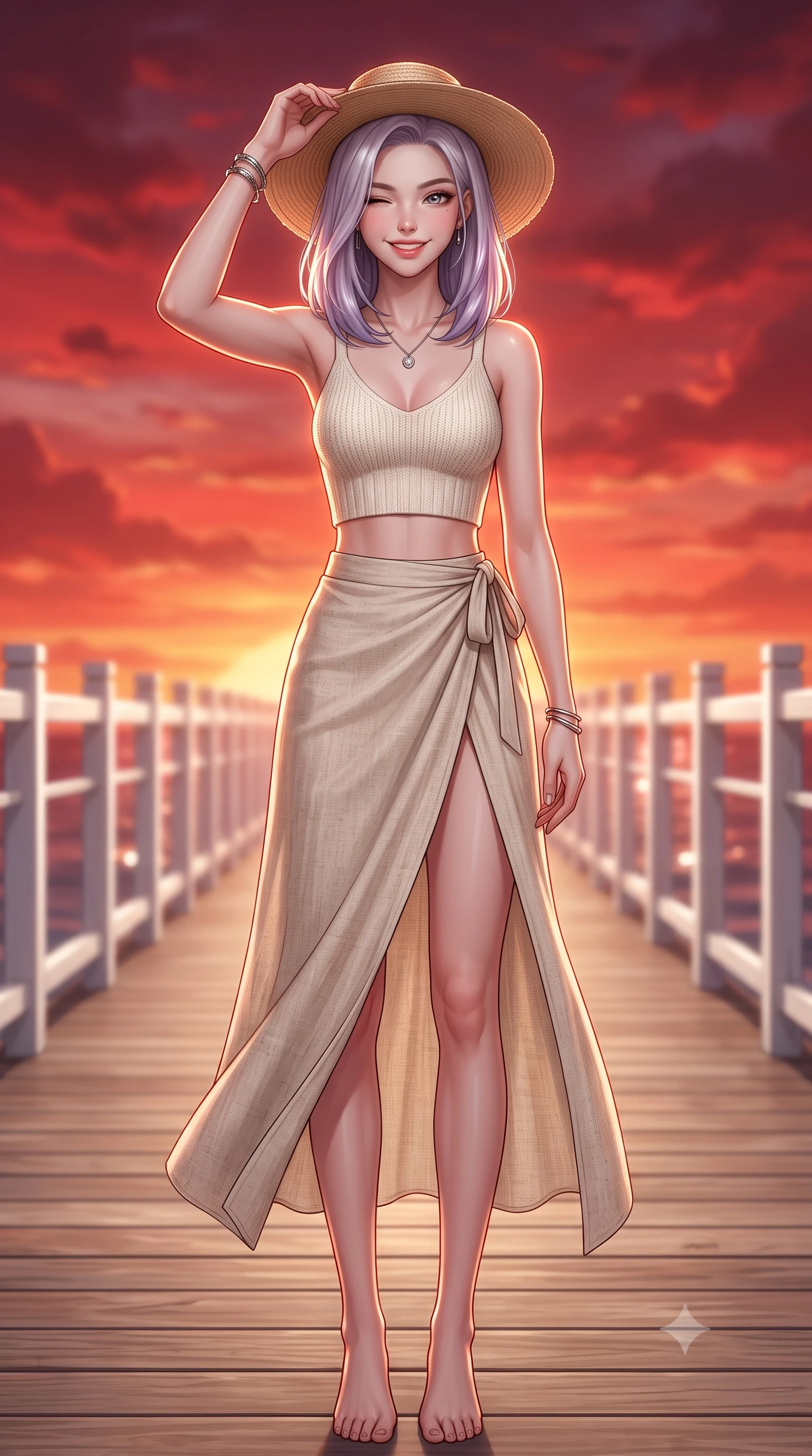 score_9, masterpiece, best quality, ultra-detailed, high-budget anime keyframe, editorial fashion photography, tasteful artistic composition, Caucasian woman. low angle full-body shot from head to toe showing her feet, filling the entire 9:16 vertical frame with her statuesque presence, stretching her vertical silhouette. standing with a cute, bright pose, tilting her head with a beaming smile set against a soft-focus background of walking along a wooden seaside boardwalk lined with white railings holding a wide-brimmed straw hat to her head with a playful wink. She has an absolutely perfect, statuesque 8.5-heads proportion, an exceptionally tall and slender model-like female figure with impossibly long slender legs and an ultra-slim waist. sharp v-shaped jawline, high-bridge nose, intricate jewel-like eyes with depth, thick eyelashes, glossy lips with a natural sheen. wearing body-hugging stylish crop top paired with a high-slit linen wrap skirt. the dramatic red and orange sunset sky casting a majestic rim light on her. ultra-reflective glossy finish, specular highlights, metallic sheen, high-contrast stereoscopic depth, volumetric dynamic lighting, 2k, ultra detail, master piece, 9:16 ratio