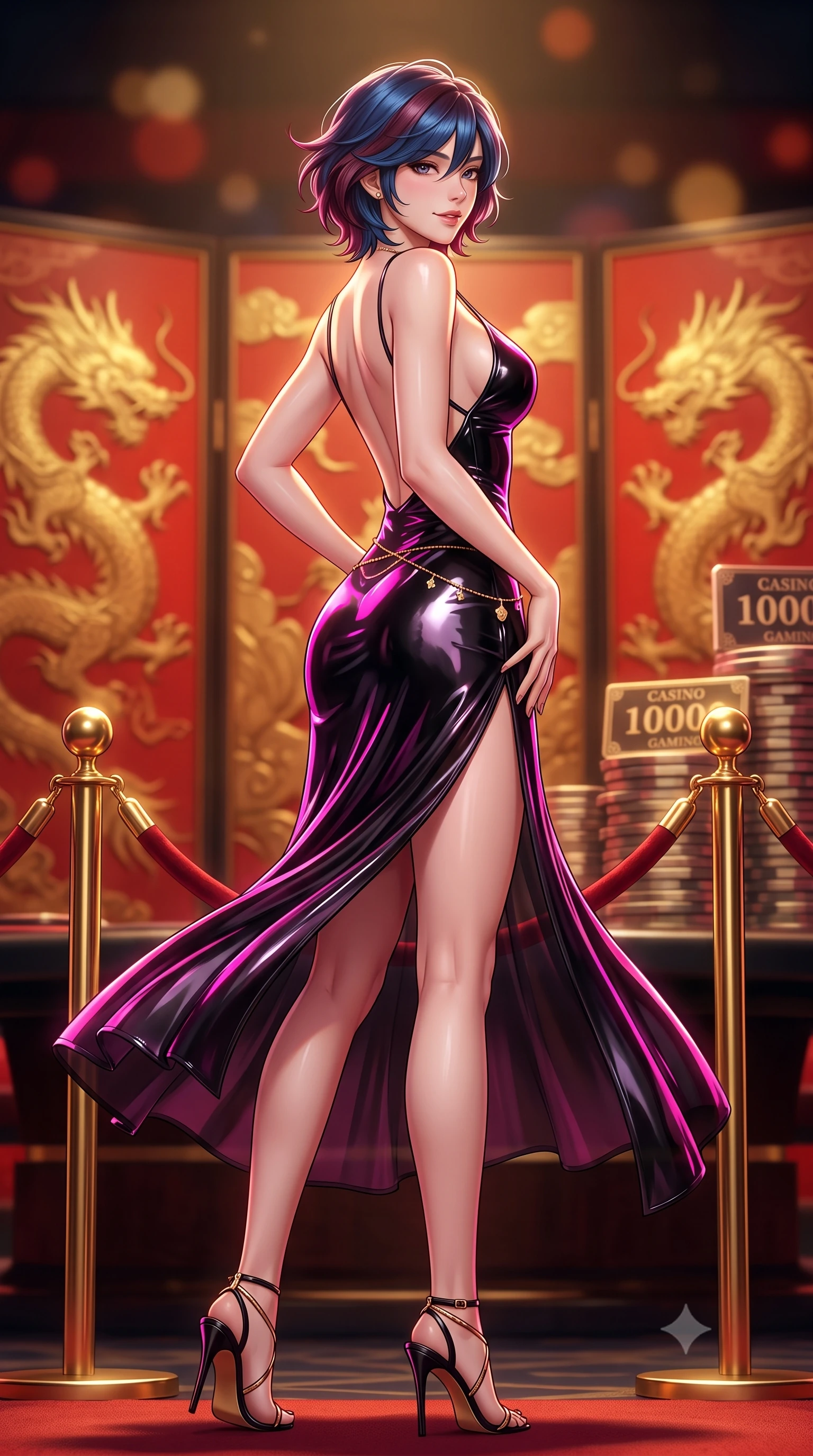 score_9, masterpiece, best quality, ultra-detailed, high-budget anime keyframe, semi-realistic 3D game render, editorial fashion photography, tasteful artistic composition, Korean woman. low angle full-body shot from head to toe showing her feet, filling the entire 9:16 vertical frame with her statuesque presence, stretching her vertical silhouette. executing a slow, graceful pivot turn as her skirt sways around her slender legs, glancing back with an enchanting, teasing sensual expression while standing poised behind the velvet-roped VIP entrance, one hand resting on her sculpted hip with sovereign femme fatale elegance. The background shows a soft-focus colossal embossed gold-leaf dragon murals, red lacquered screens, and stacks of thousand-dollar gaming plaques blurred into vermilion, gold, and obsidian bokeh. She has an absolutely perfect, statuesque 8.5-heads proportion, an exceptionally tall and slender model-like female figure with impossibly long slender legs, an ultra-slim waist, a flat toned midriff, narrow delicate ribcage, and beautifully sculpted feminine hips creating a graceful, slim hourglass silhouette without any bulky heaviness. sharp v-shaped jawline, high-bridge nose, sparkling eyes with hypnotic seductive depth, thick curled eyelashes, glossy parted lips with a natural dewy peach sheen, alluring bedroom-eyes with an enchanting coquettish smile, exuding magnetic siren charisma and sophisticated glamour, flawlessly proportioned anatomical accuracy, strict slender model proportions, natural body alignment, perfectly sculpted long slender limbs, ultra-slim waistline, clean dynamic posture without body distortion. wearing a form-contouring gossamer silk chiffon slip dress with a hip-high slit and open back, clinging smoothly with dewy moisture in wet-look onyx black with electric magenta reflections, crafted from wet-look high-gloss vinyl fabric with dazzling specular surface reflections, accented with a dainty gold belly chain resting across her flat midriff and curving hips, the glove-like clinging cut tightly following the natural contour of her hips and long slender legs with youthful 8.5-heads elegance. illuminated by polished table lacquer bounce and sharp warm-gold rim lights sculpting her jawline, flat midriff, and voluptuous hip curves. highly saturated vibrant anime colors, detailed shading with soft gradients, rich glossy textures, high-contrast stereoscopic depth, volumetric dynamic lighting, master piece, 9:16 ratio
