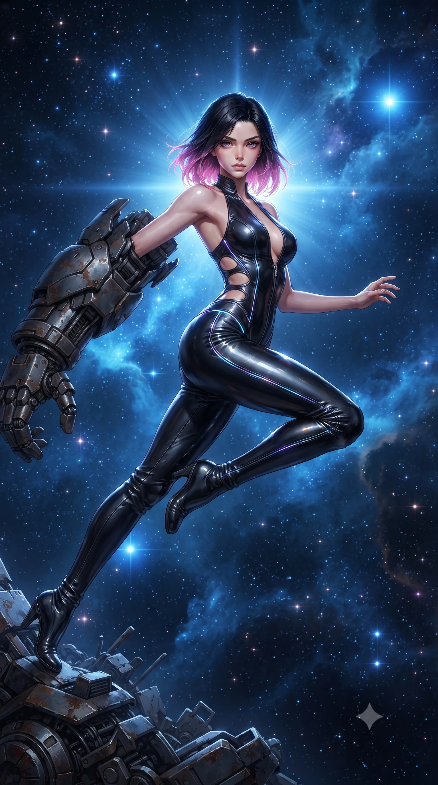 score_9, masterpiece, best quality, ultra-detailed, high-budget anime keyframe, editorial fashion photography, tasteful artistic composition, realistic cosplay photography, Korean woman. low angle full-body shot from head to toe showing her feet, filling the entire 9:16 vertical frame with her statuesque presence, stretching her vertical silhouette. acrobatically dodging a heavy mech's swipe by vaulting off a pile of cybernetic debris through floating in open space surrounded by deep blue stellar gas clouds and countless sparkling newborn stars. She has a statuesque 8.5-heads proportion, an exceptionally tall, slender and willowy model-like build with impossibly long legs and a highly sculpted ultra-slim waist. sharp v-shaped jawline, high-bridge nose, intricate jewel-like eyes with depth, thick eyelashes, glossy lips with a natural sheen. wearing catching and diffusing the glowing particles, shimmering softly in response to the surrounding light, a slim-fit sleek cybernetic catsuit in black leather, featuring side cutouts along the ribcage and a plunging halter neck. dramatic backlight creating a radiant halo effect around her entire silhouette. ultra-reflective glossy finish, specular highlights, metallic sheen, high-contrast stereoscopic depth, volumetric dynamic lighting, 2k, ultra detail, master piece, 9:16 ratio