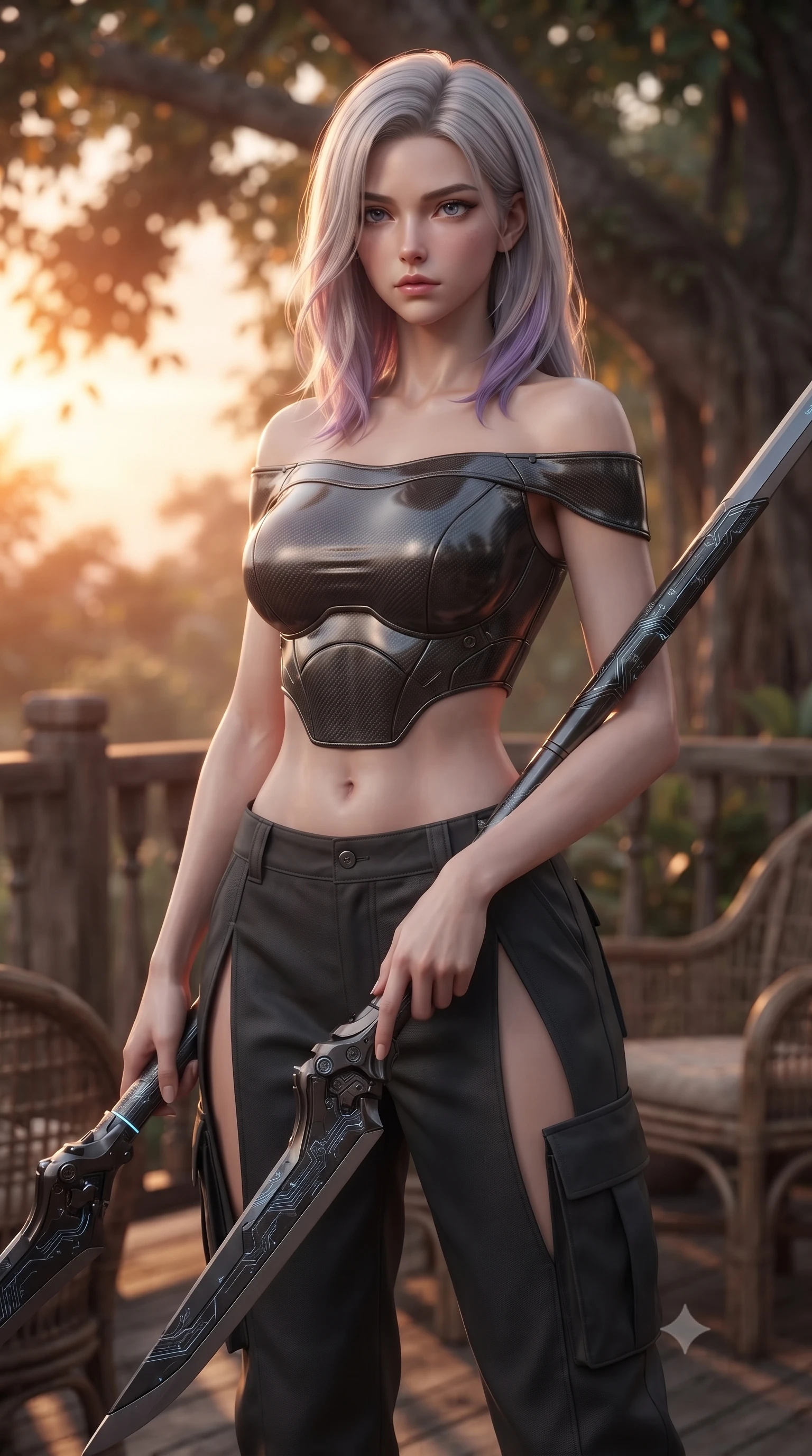 score_9, masterpiece, best quality, ultra-detailed, high-budget anime keyframe, editorial fashion photography, tasteful artistic composition, Caucasian woman. close-up cowboy shot from the waist and thighs up, the character dominates the composition, filling the frame with her large presence, background elements kept in soft focus. holding a deactivated nanotech glaive, looking past the camera with quiet, sharp focus and a composed expression, the background shows a soft-focus a banyan tree deck with rattan chairs and wooden railings in soft focus. She has an exceptionally elegant, slender, and willowy female figure with an ultra-slim waist, a gracefully sculpted slender torso, and a refined silhouette. sharp v-shaped jawline, high-bridge nose, intricate jewel-like eyes with depth, thick eyelashes, glossy lips with a natural sheen. wearing a form-contouring off-shoulder carbon-fiber armor top paired with high-slit tactical cargo pants, showing her delicately sculpted midriff. warm sunset light casting a peaceful, cozy orange wash on her figure. ultra-reflective glossy finish, specular highlights, metallic sheen, high-contrast stereoscopic depth, volumetric dynamic lighting, 2k, ultra detail, master piece, 9:16 ratio