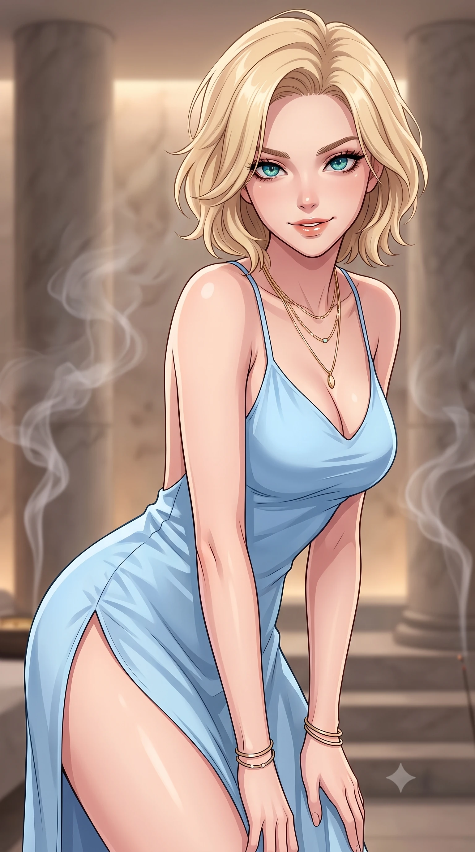 score_9, masterpiece, best quality, ultra-detailed, high-budget anime keyframe, tasteful artistic composition, Caucasian woman. close-up cowboy shot from the waist and thighs up, the character dominates the composition, filling the frame with her large presence, background elements kept in soft focus. leaning slightly forward with a playful, teasing smile, her gaze locked onto the viewer the background shows a soft-focus a high-end spa suite room with stone pillars and soft incense smoke rising. She has an exceptionally elegant, slender, and willowy female figure with an ultra-slim waist, a gracefully sculpted slender torso, and a refined silhouette. sharp v-shaped jawline, high-bridge nose, intricate jewel-like eyes with depth, thick eyelashes, glossy lips with a natural sheen. wearing a slim-fit lightweight silk slip dress in baby blue with a high side slit and a low-cut back. low-contrast, soft warm ambient uplight casting a peaceful glow. highly saturated vibrant anime colors, cel-shading, 2d style, master piece, 9:16 ratio