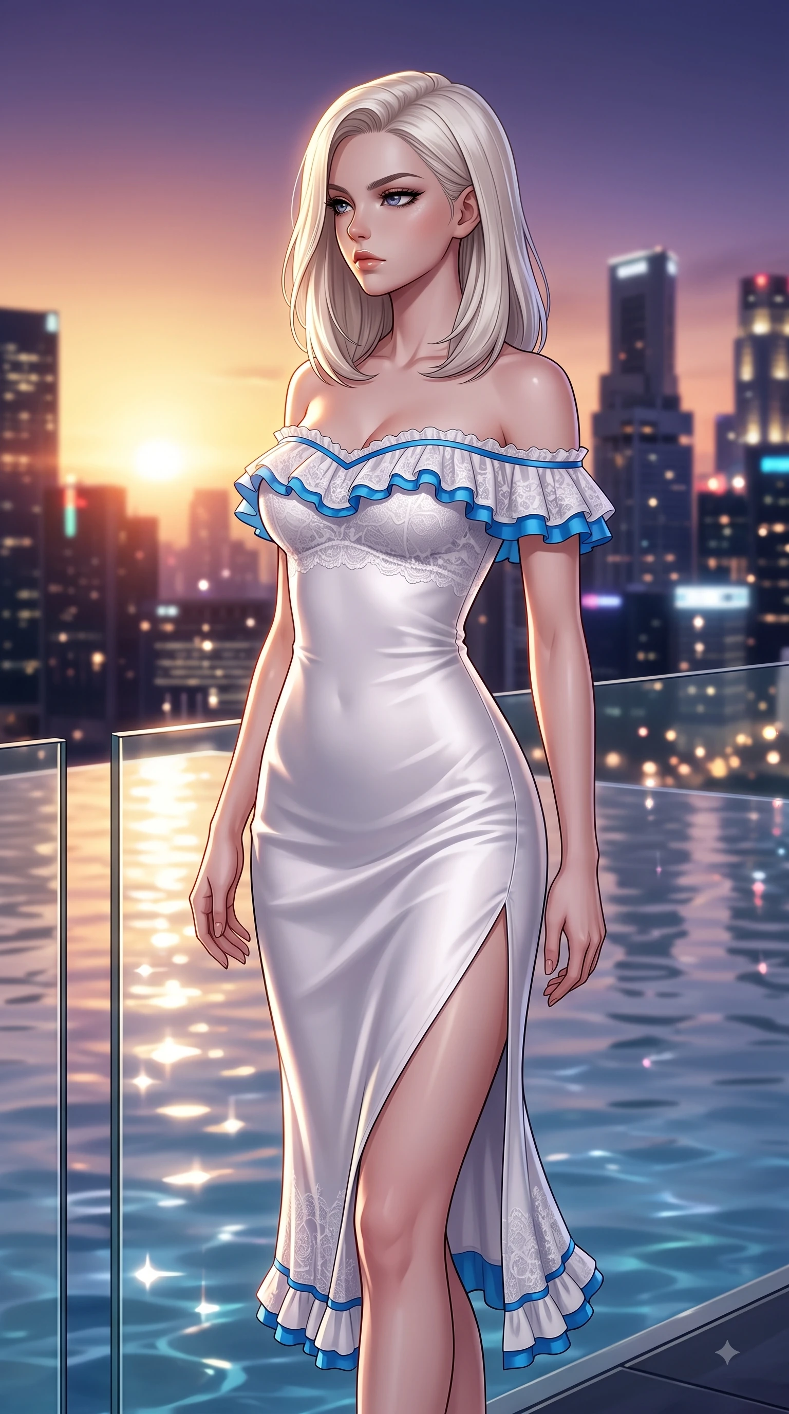 score_9, masterpiece, best quality, ultra-detailed, high-budget anime keyframe, editorial fashion photography, tasteful artistic composition, Caucasian woman. close-up cowboy shot from the waist and thighs up, the character dominates the composition, filling the frame with her large presence. Indifferent cold glance casting a disdainful side-eye from beneath long dark eyelashes with aloof confidence while pivoting dynamically near a glass infinity pool edge with city skyscraper silhouettes behind. The composition keeps background elements in soft focus with dreamy bokeh. twinkling city tower lights and glowing sunset sky blurred into sparkling urban bokeh. She has an exceptionally elegant, slender, and willowy female figure with an ultra-slim waist, a gracefully sculpted slender torso, and a refined silhouette. sharp v-shaped jawline, high-bridge nose, intricate jewel-like eyes with depth, thick eyelashes, glossy lips with a natural sheen, flawlessly proportioned anatomical accuracy, natural body alignment, perfectly sculpted elegant limbs, clean dynamic posture without body distortion. wearing a chic white lace off-shoulder midi dress decorated with delicate ruffle trims in electric azure blue and cloud white, crafted from smooth liquid silk satin, finished with a sleek side slit ascending to mid-thigh, the form-contouring material accentuating her ultra-slim waist and long lines. illuminated by crisp specular highlights from infinity pool reflections and city lights. highly saturated vibrant anime colors, detailed shading with soft gradients, rich glossy textures, high-contrast stereoscopic depth, volumetric dynamic lighting, master piece, 9:16 ratio