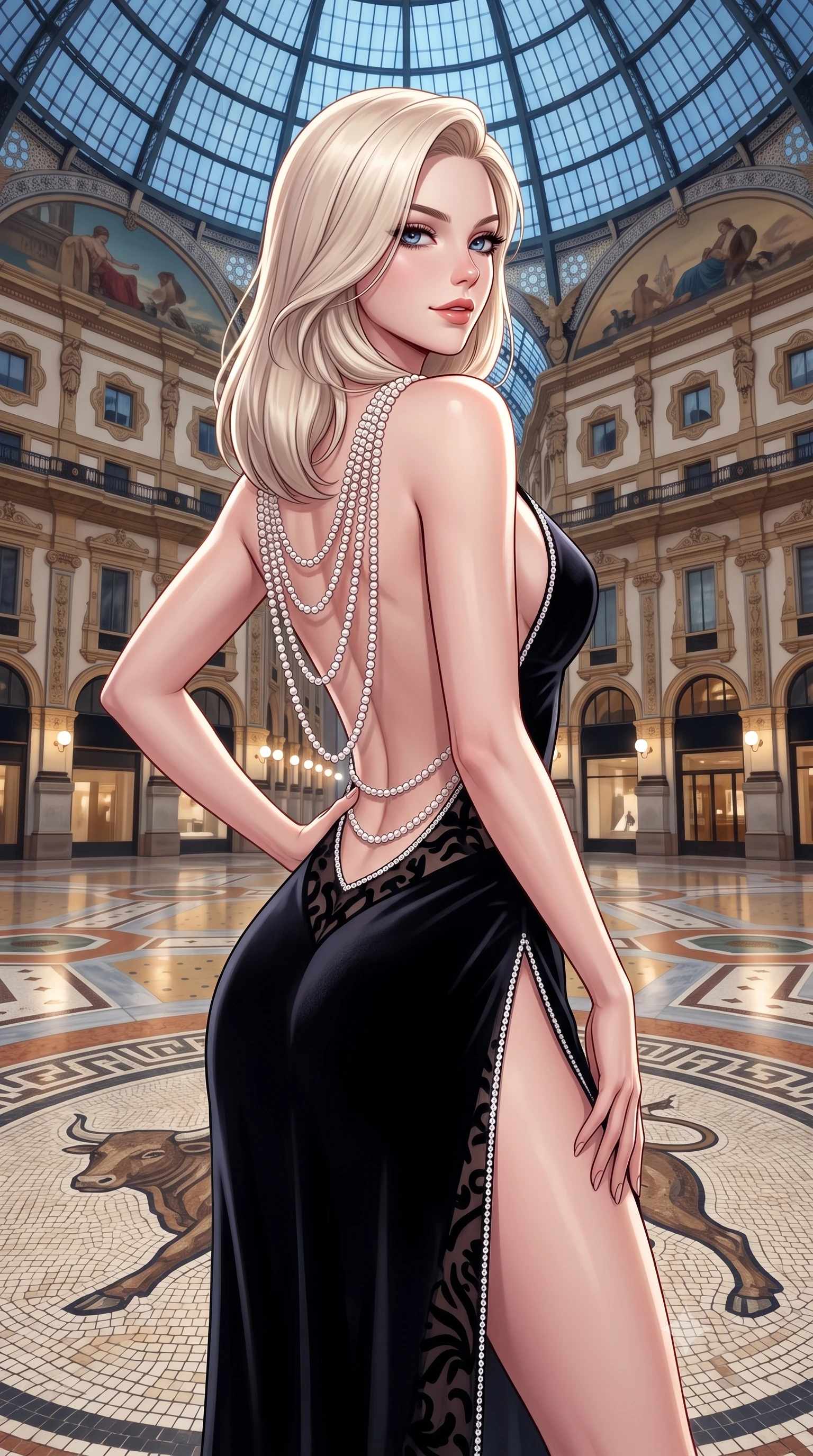 score_9, masterpiece, best quality, ultra-detailed, high-budget anime keyframe, semi-realistic 3D game render, editorial fashion photography, tasteful artistic composition, Caucasian woman. close-up cowboy shot from the waist and thighs up, the character dominates the composition, filling the frame with her large presence. tilting her chin up with proud, sovereign allure while gazing through thick eyelashes, one hand resting on her waist in pure supermodel charisma while pausing at the center of the famous mosaic bull floor with hips cocked back, glancing over a bare shoulder with an audacious, haute-couture smile. The surrounding environment is rendered in vivid detail and crisp panoramic clarity. sharp marble mosaic floor tesserae, iron roof truss rivets, and neoclassical facade moldings in deep focus. She has an exceptionally elegant, slender, and willowy female figure with an ultra-slim waist, flat toned midriff, narrow ribcage, and sculpted feminine hips creating an alluring, slim hourglass silhouette without bulk. sharp v-shaped jawline, high-bridge nose, intricate jewel-like eyes with depth, thick eyelashes, glossy parted lips with a natural sheen, intensely captivating and seductive bedroom-eyes expression, flawlessly proportioned anatomical accuracy, strict slender model proportions, natural body alignment, perfectly sculpted long slender limbs, ultra-slim waistline, clean dynamic posture without body distortion. wearing a plunging-V neckline duchess satin gown with high side slits ascending to the high hip in pitch-black velvet with diamond crystal trim, made of sheer contouring power-mesh with velvet flocking patterns, accented with a multi-strand pearl back necklace cascading down her bare spine to her hips, the second-skin form-contouring cut accentuating her sculpted flat midriff, narrow delicate ribcage, and gracefully curvy hips with supermodel precision. bathed in soft architectural boutique spotlighting contrasting with cool midnight skylight through the glass dome. highly saturated vibrant anime colors, detailed shading with soft gradients, rich glossy textures, high-contrast stereoscopic depth, volumetric dynamic lighting, master piece, 9:16 ratio