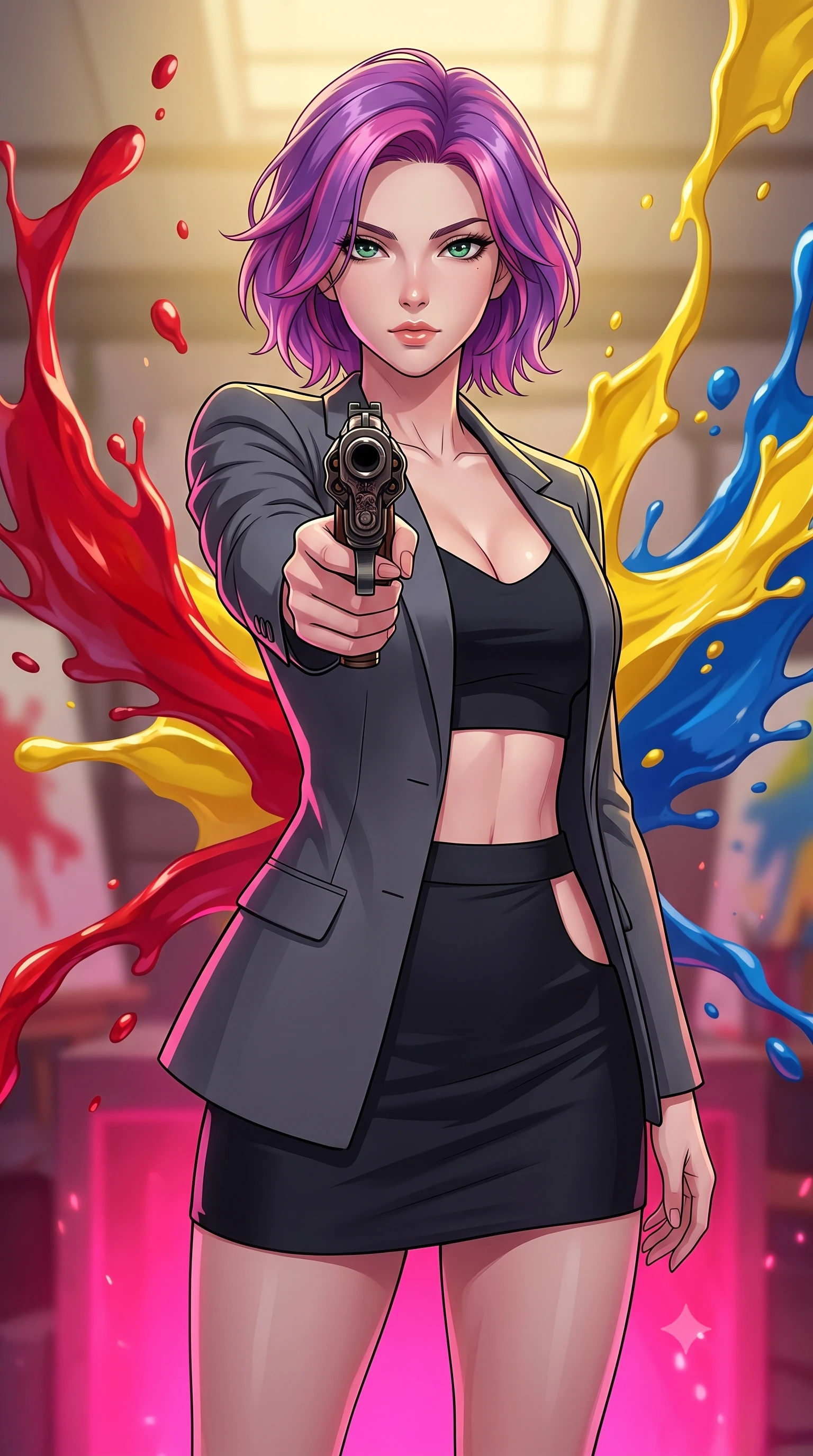 score_9, masterpiece, best quality, ultra-detailed, high-budget anime keyframe, clean line-art, cel-shading, Caucasian woman, strictly human ears. close-up cowboy shot from the waist and thighs up, the character dominates the composition, filling the frame with her large presence, background elements kept in soft focus. Pointing a weapon directly past the lens with a calm, dominant gaze of superiority. set against a soft-focus background of inside a space where giant splashes of thick oil paint in red, yellow, and blue are frozen mid-explosion in the air. She has an exceptionally elegant and slender, willowy female figure with an ultra-slim waist, a gracefully sculpted slender torso, and a refined slim physique. sharp v-shaped jawline, high-bridge nose, intricate jewel-like eyes with depth, thick eyelashes, glossy lips with a natural sheen. wearing tailored for maximum mobility, sleek form-contouring panels that allow fluid movement, a form-contouring structured blazer in charcoal grey worn open over a black crop top and matching mini skirt with side cutout. dramatic contrast of hot pink furnace glow from below and cool golden light from above. highly saturated vibrant anime colors, intense vivid color palette, volumetric dynamic lighting, 2k, ultra detail, master piece, 9:16 ratio