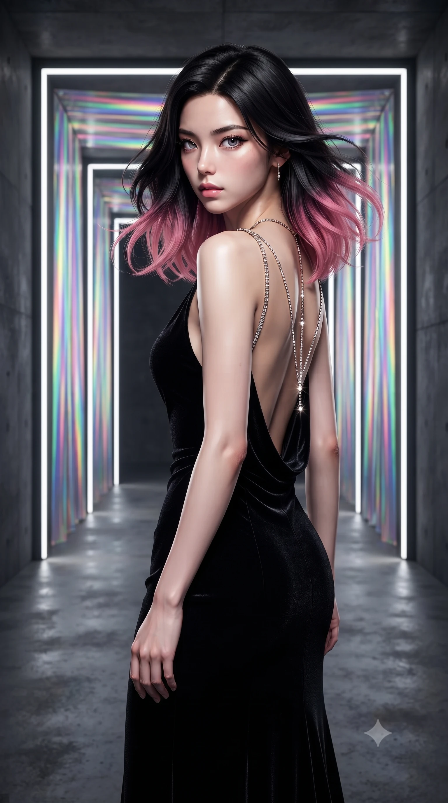 score_9, masterpiece, best quality, ultra-detailed, high-budget anime keyframe, editorial fashion photography, tasteful artistic composition, Korean woman. close-up cowboy shot from the waist and thighs up, the character dominates the composition, filling the frame with her large presence. turning over her shoulder with an indomitable, smoldering gaze, her soft hair framing her razor-sharp v-shaped jawline while walking through a tunnel of pulsing chromatic light curtains with effortless high-fashion runway poise. The surrounding environment is rendered in vivid detail and crisp panoramic clarity. ultra-modern minimalist gallery chiaroscuro and precision-engineered light art aesthetics in sharp focus. She has an exceptionally elegant, slender, and willowy female figure with an ultra-slim waist, a gracefully sculpted slender torso, toned flat midriff, and a refined slim silhouette. sharp v-shaped jawline, high-bridge nose, intricate jewel-like eyes with depth, thick eyelashes, glossy lips with a natural sheen, captivating and magnetic expression, flawlessly proportioned anatomical accuracy, strict slender model proportions, natural body alignment, perfectly sculpted long slender limbs, ultra-slim waistline, clean dynamic posture without body distortion. wearing an opulent backless black velvet evening gown with a plunging cowl back and diamond-encrusted shoulder straps in midnight black and liquid gold, crafted from heavyweight crushed silk velvet with liquid luster, accented with a glittering diamond back chain tracing her bare spine, the sleek tailored cut tightly hugging her graceful clavicle, narrow waist, and feminine curves with statuesque precision. surrounded by a cutting-edge, avant-garde, and mesmerizingly stylish future-fashion muse aura. ultra-reflective glossy finish, specular highlights, rich textural contrasts, high-contrast stereoscopic depth, volumetric dynamic lighting, 2k, ultra detail, master piece, 9:16 ratio