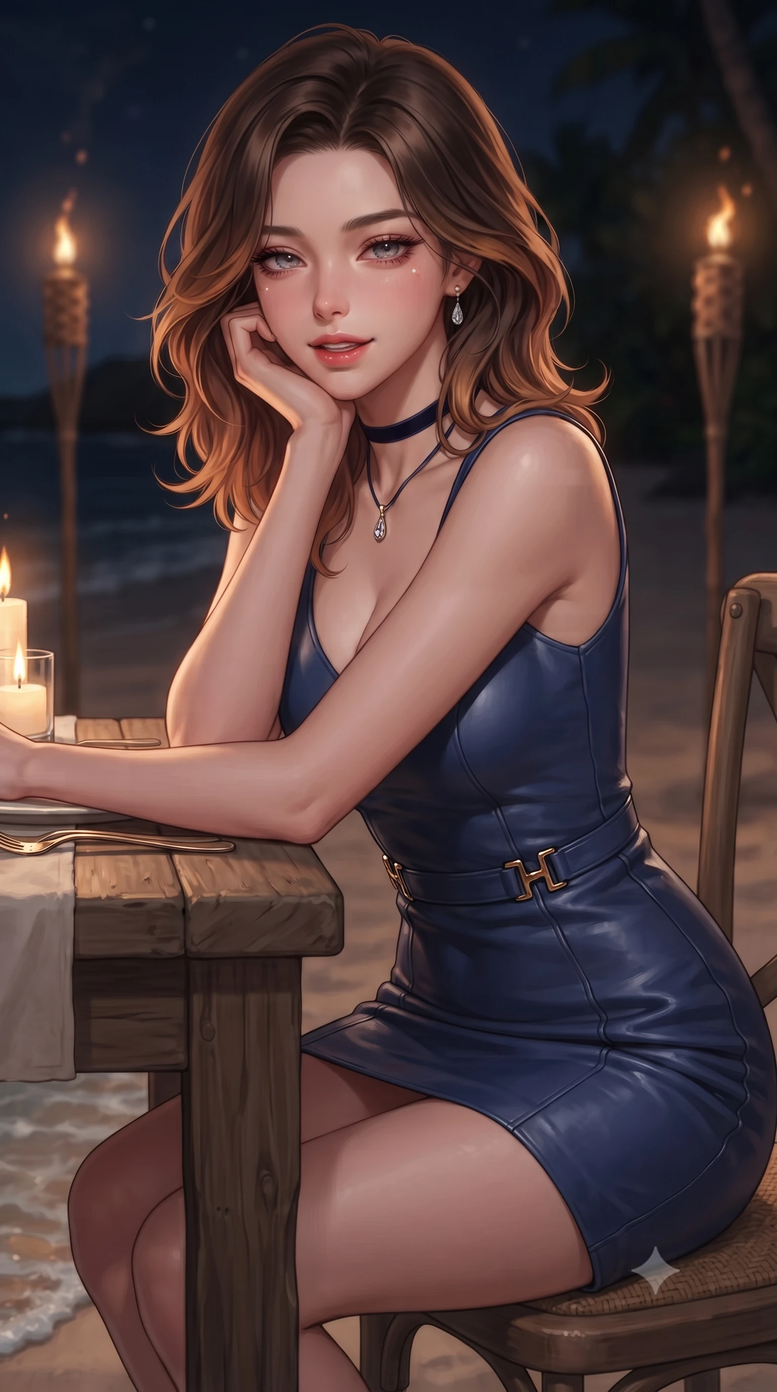 score_9, masterpiece, best quality, ultra-detailed, high-budget anime keyframe, editorial fashion photography, tasteful artistic composition, Korean woman. close-up cowboy shot from the waist and thighs up, the character dominates the composition, filling the frame with her large presence. resting one elbow on the table and supporting her chin, leaning close to the camera with heavy-lidded sparkling eyes and parted lips while twisting her slender torso in an alluring contrapposto stance beside the candlelit dining table, gentle lapping waves caressing the sand at her feet. The background shows a soft-focus flickering tiki torch flames softened in ultimate private island dining shallow focus. She has an exceptionally elegant, slender, and willowy female figure with an ultra-slim waist, flat toned midriff, narrow ribcage, and sculpted feminine hips creating an alluring, slim hourglass silhouette without bulk. sharp v-shaped jawline, high-bridge nose, intricate jewel-like sparkling eyes with depth, thick eyelashes, glossy parted lips with a natural peach sheen, bright cheerful beaming smile with an enchanting and coquettish sensual glint, exuding both youthful cute charm and seductive allure, flawlessly proportioned anatomical accuracy, strict slender model proportions, natural body alignment, perfectly sculpted long slender limbs, ultra-slim waistline, clean dynamic posture without body distortion. wearing a glove-like stretch lambskin leather sheath dress accentuating her ultra-slim waistline in Vltava misty twilight cobalt and polished brass, crafted from bespoke double-faced cashmere with an exceptionally soft tactile finish, finished with a thin velvet ribbon choker and a single teardrop diamond pendant, the bespoke structured tailoring following the natural line of her 8.5-heads silhouette with refined elegance. bathed in the warm intimate 2200K glow of bamboo torches and hurricane lanterns contrasted with twilight sea hues. ultra-reflective glossy finish, specular highlights, rich textural contrasts, high-contrast stereoscopic depth, volumetric dynamic lighting, 2k, ultra detail, master piece, 9:16 ratio