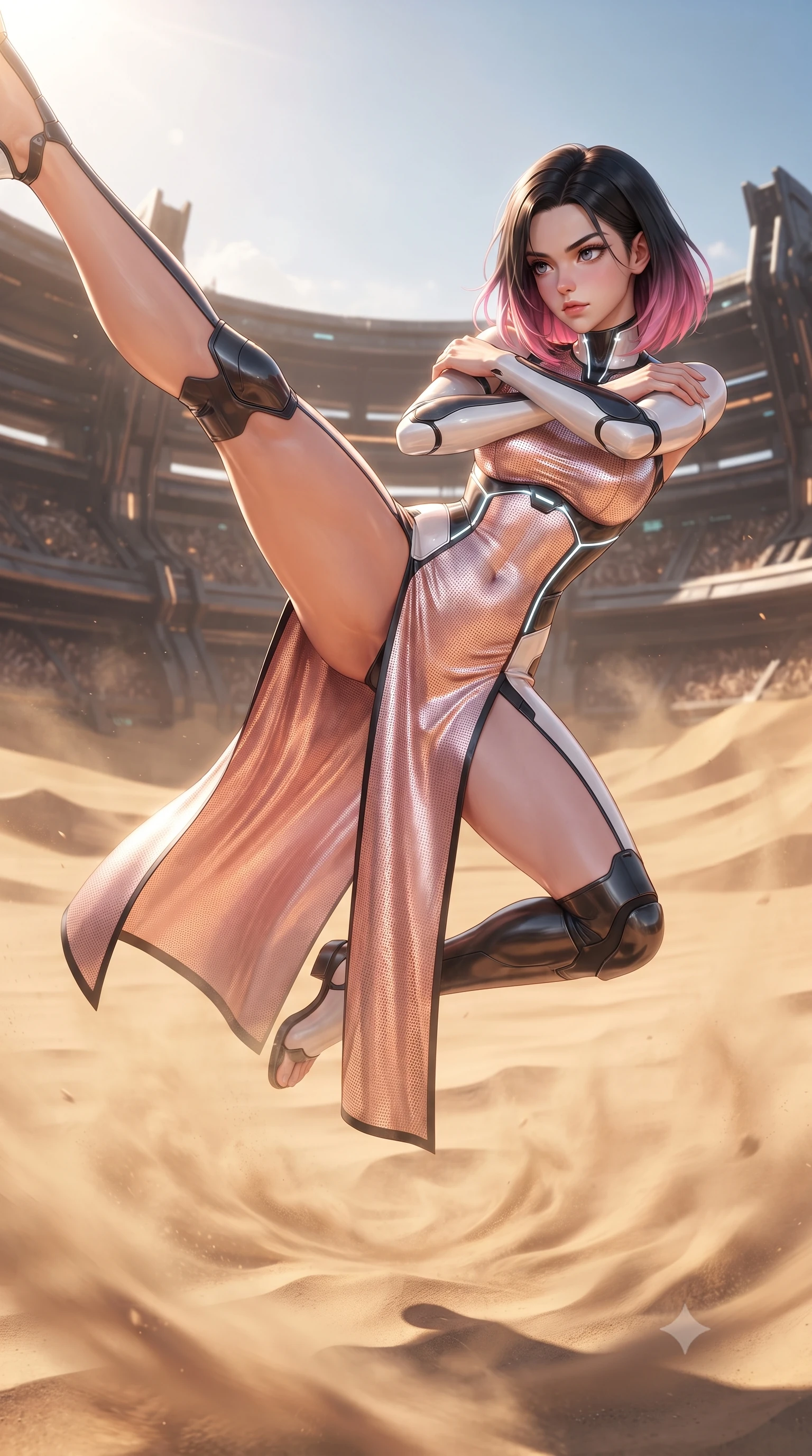 score_9, masterpiece, best quality, ultra-detailed, high-budget anime keyframe, editorial fashion photography, tasteful artistic composition, Korean woman. close-up cowboy shot from the waist and thighs up, the character dominates the composition, filling the frame with her large presence. shifting into a low cat-stance with arms crossed defensively, glowing energy conduits tracing her ultra-slim waist and sculpted clavicle while executing a vertical 180-degree mid-air spinning axe kick in a vast cybernetic colosseum arena as sand swirls beneath her feet. The surrounding environment is rendered in vivid detail and crisp panoramic clarity. vibrant high-contrast desert arena lighting and heroic warrior aesthetics rendered in panoramic precision. She has an exceptionally elegant, slender, and willowy female figure with an ultra-slim waist, a gracefully sculpted slender torso, toned flat midriff, and a refined slim silhouette. sharp v-shaped jawline, high-bridge nose, intricate jewel-like eyes with depth, thick eyelashes, glossy lips with a natural sheen, flawlessly proportioned anatomical accuracy, strict slender model proportions, natural body alignment, perfectly sculpted long slender limbs, ultra-slim waistline, clean dynamic posture without body distortion. wearing a form-fitting luminous rose-gold carbon combat gown with tactical high leg slits and flexible kinetic knee articulation in monochrome white enamel carbon with high-contrast black panels, tailored from flexible second-skin carbon-mesh that clings flawlessly to her athletic curves, reinforced by a sleek titanium kinetic harness and glowing micro-energy straps, the glove-like aerodynamic second-skin fit tightly clinging to her ultra-slender waist and athletic curves without adding bulk, accentuating her razor-sharp statuesque lines and slim hourglass silhouette. bathed in brilliant midday desert sunshine and warm golden sand surface reflections. ultra-reflective glossy finish, specular highlights, dark metallic sheen, high-contrast stereoscopic depth, volumetric dynamic lighting, 2k, ultra detail, master piece, 9:16 ratio