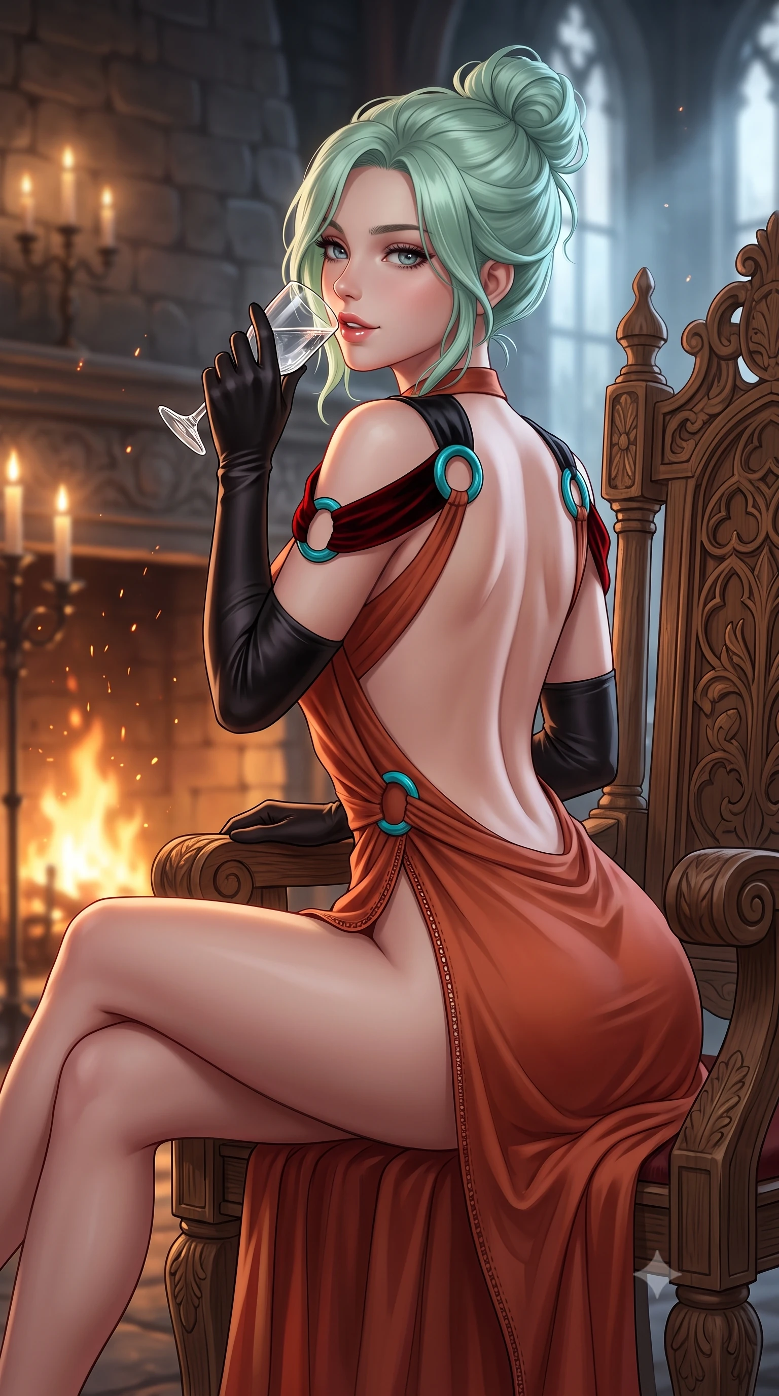 score_9, masterpiece, best quality, ultra-detailed, high-budget anime keyframe, semi-realistic 3D game render, editorial fashion photography, tasteful artistic composition, Japanese woman. close-up cowboy shot from the waist and thighs up, the character dominates the composition, filling the frame with her large presence. turning over a bare shoulder with an intoxicating, teasing smile, her soft hair framing her sharp jawline as her hips angle gracefully while sitting high on an antique carved oak throne before a roaring stone fireplace with legs crossed, raising a crystal dram to her parted glossy lips while looking over her shoulder. The composition keeps background elements in soft focus with creamy bokeh. rising fireplace sparks and candle flame refractions scattering warm decadent amber light motes. She has an exceptionally elegant, slender, and willowy female figure with an ultra-slim waist, flat toned midriff, narrow ribcage, and sculpted feminine hips creating an alluring, slim hourglass silhouette without bulk. sharp v-shaped jawline, high-bridge nose, intricate jewel-like eyes with depth, thick eyelashes, glossy parted lips with a natural sheen, intensely captivating and seductive bedroom-eyes expression, flawlessly proportioned anatomical accuracy, strict slender model proportions, natural body alignment, perfectly sculpted long slender limbs, ultra-slim waistline, clean dynamic posture without body distortion. wearing a backless terracotta silk wrap dress featuring high-cut side hip slits and turquoise ring hardware in phantom obsidian black and blood-red velvet, woven from layered gossamer chiffon with a weightless sweeping drape, accessorized with opera-length satin gloves and a vintage crystal glass, the dramatically scooped open back descending to the base of her spine, accentuating her razor-sharp statuesque lines and slim hourglass silhouette. bathed in roaring stone hearth firelight from below and cool misty daylight streaming from towering castle windows. highly saturated vibrant anime colors, detailed shading with soft gradients, rich glossy textures, high-contrast stereoscopic depth, volumetric dynamic lighting, master piece, 9:16 ratio
