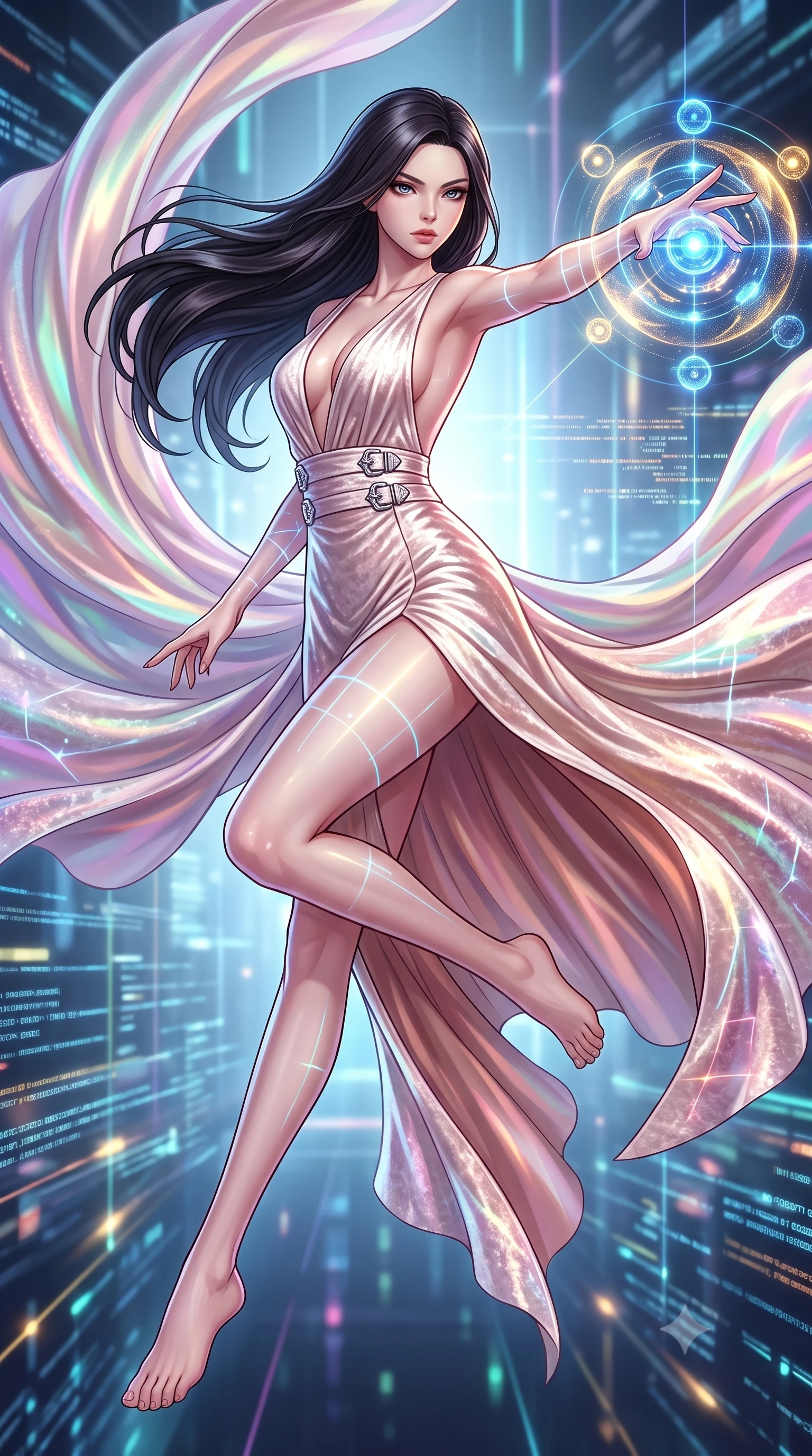 score_9, masterpiece, best quality, ultra-detailed, high-budget anime keyframe, editorial fashion photography, tasteful artistic composition, Korean woman. low angle full-body shot from head to toe showing her feet, filling the entire 9:16 vertical frame with her statuesque presence, stretching her vertical silhouette. leaping gracefully through mid-air with statuesque elegance, her impossibly long slender legs stretched in perfect balance while reaching forward with an elegant arm stretch to intercept a pulsating data node, laser lines casting precise geometric grid highlights on her athletic form. She has an absolutely perfect, statuesque 8.5-heads proportion, an exceptionally tall and slender model-like female figure with impossibly long slender legs and an ultra-slim waist. sharp v-shaped jawline, high-bridge nose, intricate jewel-like eyes with depth, thick eyelashes, glossy lips with a natural sheen, flawlessly proportioned anatomical accuracy, natural body alignment, perfectly sculpted elegant limbs, clean dynamic posture without body distortion. wearing a backless crushed velvet gown with a deep V-neckline and high thigh slit in pearl white and rose gold, crafted from iridescent chiffon that shifts colors in the light, detailed with polished silver buckles along the waistline, the tailored fabric tightly following every curve of her athletic build. surrounded by a crisp high-tech illumination with high specular contrast. highly saturated vibrant anime colors, detailed shading with soft gradients, rich glossy textures, high-contrast stereoscopic depth, volumetric dynamic lighting, master piece, 9:16 ratio