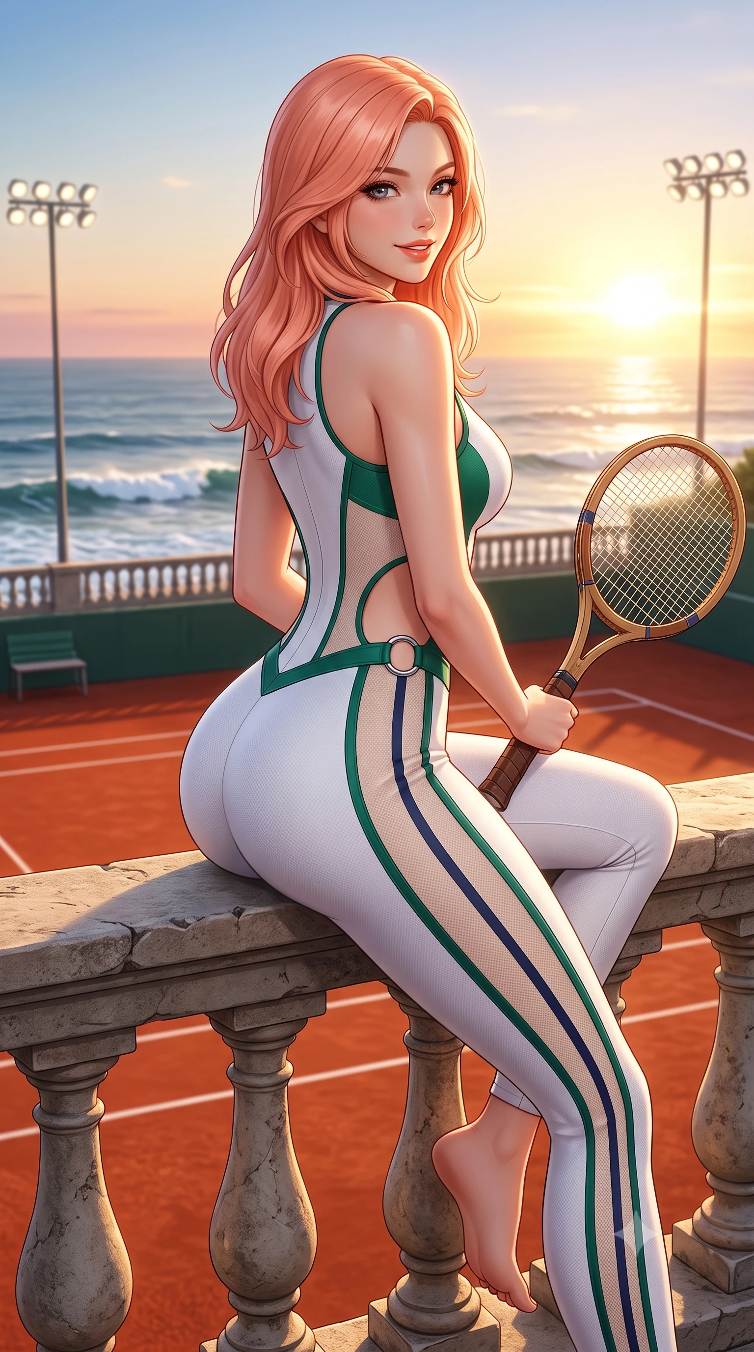 score_9, masterpiece, best quality, ultra-detailed, high-budget anime keyframe, semi-realistic 3D game render, editorial fashion photography, tasteful artistic composition, Japanese woman. close-up cowboy shot from the waist and thighs up, the character dominates the composition, filling the frame with her large presence. posing in an alluring rear three-quarter angle, turning over a bare shoulder with an intoxicating gaze, her hips cocked back to highlight her slim hourglass curve against the paddock lights while sitting perched on the court stone balustrade with legs crossed, holding a wooden tennis racket with effortless French Basque allure. The surrounding environment is rendered in vivid detail and crisp panoramic clarity: sharp red clay surface texture, stone balustrade relief, and ocean wave crest clarity in deep focus. She has an exceptionally elegant, slender, and willowy female figure with an ultra-slim waist, flat toned midriff, narrow ribcage, and sculpted feminine hips creating an alluring, slim hourglass silhouette without bulk. sharp v-shaped jawline, high-bridge nose, sparkling eyes with athletic focus and depth, thick curled eyelashes, glossy parted lips with a natural coral-peach sheen, bright confident and coquettish smile with alluring bedroom-eyes, exuding both youthful sporty vigor and sovereign high-society glamour, flawlessly proportioned anatomical accuracy, strict slender model proportions, natural body alignment, perfectly sculpted long slender limbs, ultra-slim waistline, clean dynamic posture without body distortion. wearing a form-fitting white-and-emerald paddock racing jumpsuit with strategic sheer mesh panels along the torso and thighs in retro tennis cream and navy blue stripes, made of second-skin technical compression piqué knit with moisture-wicking stretch, finished with sharp laser-cut side ventilation cutouts framed by chrome rings, the form-fitting tailored bodice adhering flawlessly to her sculpted flat midriff and slender torso, emphasizing her long leg lines and perfectly proportioned willowy build. bathed in intense golden sunset rays breaking horizontally across the Atlantic Ocean. highly saturated vibrant anime colors, detailed shading with soft gradients, rich glossy textures, high-contrast stereoscopic depth, volumetric dynamic lighting, master piece, 9:16 ratio