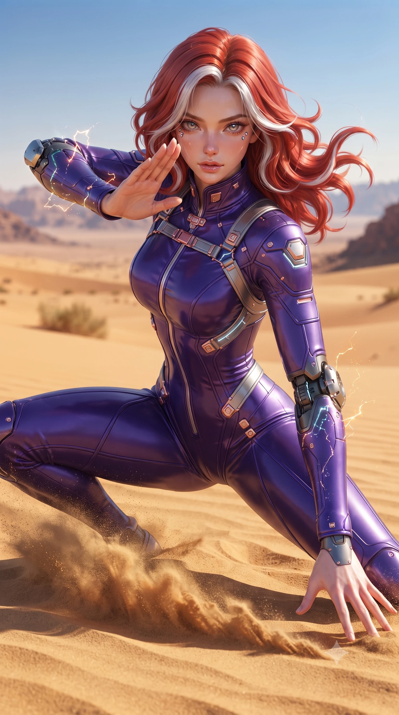score_9, masterpiece, best quality, ultra-detailed, high-budget anime keyframe, editorial fashion photography, tasteful artistic composition, Caucasian woman. close-up cowboy shot from the waist and thighs up, the character dominates the composition, filling the frame with her large presence. twisting her upper body in a dynamic S-curve martial arts stance, cybernetic elbow dampers emitting subtle electric sparks as she aims a focused palm strike while sliding across the sand into a low defensive crouch with one hand trailing through the golden grains with captivating allure. The surrounding environment is rendered in vivid detail and crisp panoramic clarity. sharp sand ripple textures, distinct shockwave dust crests, and carbon armor joint mesh in deep focus. She has an exceptionally elegant, slender, and willowy female figure with an ultra-slim waist, a gracefully sculpted slender torso, toned flat midriff, and a refined slim silhouette. sharp v-shaped jawline, high-bridge nose, intricate jewel-like eyes with depth, thick eyelashes, glossy lips with a natural sheen, flawlessly proportioned anatomical accuracy, strict slender model proportions, natural body alignment, perfectly sculpted long slender limbs, ultra-slim waistline, clean dynamic posture without body distortion. wearing a precision-fitted royal purple carbon-fiber martial arts suit with silver accents and glowing micro-circuit knuckle plating in royal purple carbon fiber with rose-gold hardware and clasps, crafted from ultra-strong woven carbon-fiber composite with a satin luster, reinforced by a sleek titanium kinetic harness and glowing micro-energy straps, the form-contouring material adhering flawlessly to her sculpted flat midriff and slender torso, emphasizing her long leg lines and perfectly proportioned willowy build. surrounded by a glorious, invincible, and fiercely captivating cyber-gladiator empress aura. ultra-reflective glossy finish, specular highlights, dark metallic sheen, high-contrast stereoscopic depth, volumetric dynamic lighting, 2k, ultra detail, master piece, 9:16 ratio