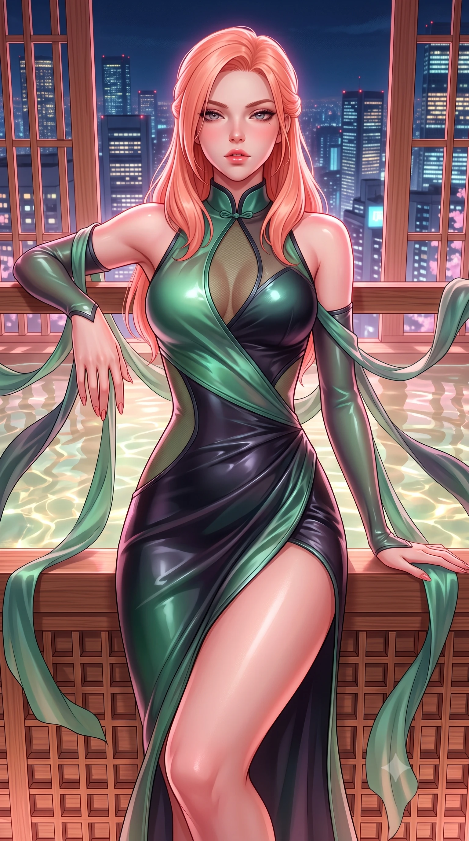 score_9, masterpiece, best quality, ultra-detailed, high-budget anime keyframe, semi-realistic 3D game render, editorial fashion photography, tasteful artistic composition, Japanese woman. close-up cowboy shot from the waist and thighs up, the character dominates the composition, filling the frame with her large presence. leaning back with relaxed seductive grace, her sculpted collarbones and narrow waist highlighted as she casts smoldering bedroom-eyes directly into the camera while leaning back against a cedar bath partition overlooking glowing Tokyo skyscrapers, parted glossy lips reflecting pink neon lights. The surrounding environment is rendered in vivid detail and crisp panoramic clarity. detailed mineral pool ripple caustics, cedar lattice work, and city skyscraper windows in high clarity. She has an exceptionally elegant, slender, and willowy female figure with an ultra-slim waist, a gracefully sculpted slender torso, toned flat midriff, and rounded feminine hips creating an alluring hourglass silhouette. sharp v-shaped jawline, high-bridge nose, intricate jewel-like eyes with depth, thick eyelashes, glossy parted lips with a natural sheen, intensely captivating and seductive bedroom-eyes expression, flawlessly proportioned anatomical accuracy, strict slender model proportions, natural body alignment, perfectly sculpted long slender limbs, ultra-slim waistline, clean dynamic posture without body distortion. wearing a wet-look silk fusion wrap dress with asymmetrical sheer mesh cutouts and high Mandarin collar in jade green and dark obsidian, made of flexible second-skin stretch neoprene with specular sheen, finished with long flowing silk arm ribbons that float weightlessly in the air, the glove-like aerodynamic silhouette tightly following the natural contour of her hips and long slender legs with statuesque precision. bathed in soft pink cherry blossom ambient glow and warm underwater mineral pool lights. highly saturated vibrant anime colors, detailed shading with soft gradients, rich glossy textures, high-contrast stereoscopic depth, volumetric dynamic lighting, master piece, 9:16 ratio