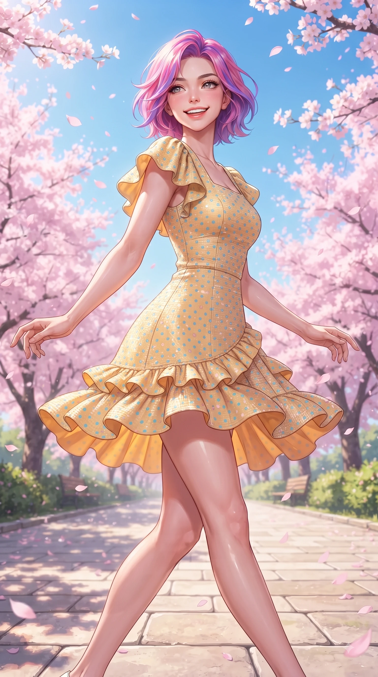 score_9, masterpiece, best quality, ultra-detailed, high-budget anime keyframe, editorial fashion photography, tasteful artistic composition, Caucasian woman. low angle full-body shot from head to toe showing her feet, filling the entire 9:16 vertical frame with her statuesque presence, stretching her vertical silhouette. performing a cheerful mid-motion turn with flawless poise, her radiant smile capturing fresh girlhood energy while pivoting dynamically with a beaming smile as delicate pink cherry blossom petals shower around her. The surrounding environment is rendered in vivid detail and crisp panoramic clarity. endless pink sakura tree arcades, sunlit stone pathways, and clear spring blue sky in deep focus. She has an absolutely perfect, statuesque 8.5-heads proportion, an exceptionally tall and slender model-like female figure with impossibly long slender legs and an ultra-slim waist. sharp v-shaped jawline, high-bridge nose, intricate jewel-like eyes with depth, thick eyelashes, glossy lips with a natural sheen, flawlessly proportioned anatomical accuracy, natural body alignment, perfectly sculpted elegant limbs, clean dynamic posture without body distortion. wearing a bright apricot ruffled sundress with a subtle polka-dot pattern in sunny daffodil yellow and clear sky blue, tailored from soft pastel tweed with subtle metallic thread, featuring elegant flutter sleeves and a graceful square neckline, the chic real-way fashion cut emphasizing her effortless charm. surrounded by a fresh, sweet, and nostalgic spring park atmosphere. ultra-reflective glossy finish, specular highlights, metallic sheen, high-contrast stereoscopic depth, volumetric dynamic lighting, 2k, ultra detail, master piece, 9:16 ratio