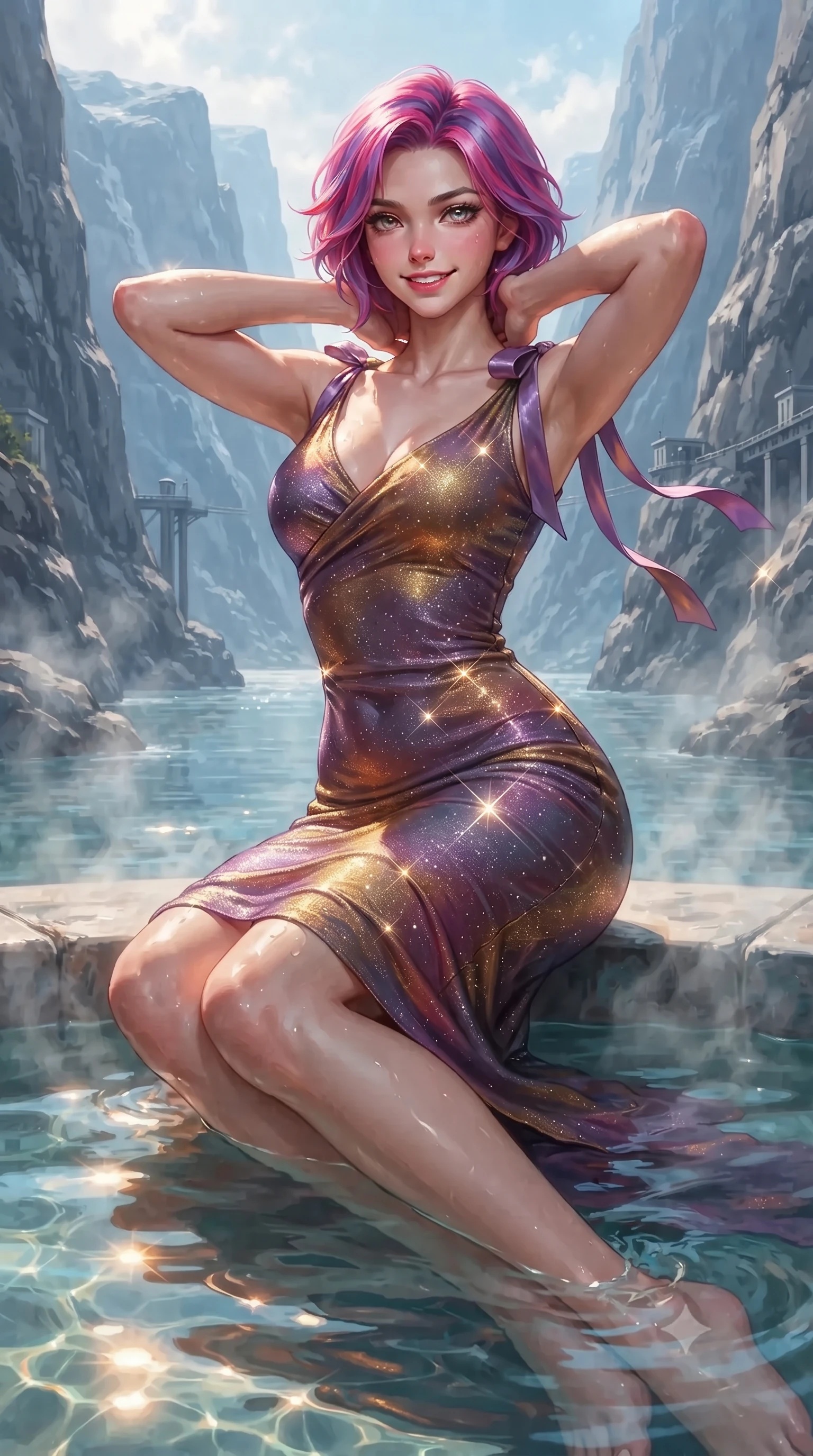 score_9, masterpiece, best quality, ultra-detailed, high-budget anime keyframe, editorial fashion photography, tasteful artistic composition, Caucasian woman. close-up cowboy shot from the waist and thighs up, the character dominates the composition, filling the frame with her large presence. resting both hands lightly behind her neck with elbows raised, arching her spine to highlight her narrow waist, flat midriff, and breathtaking collarbones while lounging in the steaming tub water with legs extended, her statuesque 8.5-heads silhouette commanding the monumental fjord canyon. The surrounding environment is rendered in vivid detail and crisp panoramic clarity: detailed outfit texture, wet cling or bodycon fit, and breathtaking fjord engineering in razor-sharp precision. She has an exceptionally elegant, slender, and willowy female figure with an ultra-slim waist, flat toned midriff, narrow ribcage, and sculpted feminine hips creating an alluring, slim hourglass silhouette without bulk. sharp v-shaped jawline, high-bridge nose, intricate jewel-like sparkling eyes with depth, thick eyelashes, glossy parted lips with a natural peach sheen, bright cheerful beaming smile with an enchanting and coquettish sensual glint, exuding both youthful cute charm and seductive allure, flawlessly proportioned anatomical accuracy, strict slender model proportions, natural body alignment, perfectly sculpted long slender limbs, ultra-slim waistline, clean dynamic posture without body distortion. wearing a form-fitting Scottish Highlands liquid silk jersey evening dress clinging smoothly to her narrow waist and rounded hips in Scottish Highlands heather thistle purple and antique hearth ember gold, woven from stretch metallic lurex jersey casting radiant starlight glints across her curves, finished with satin ribbon ties at the shoulders fluttering in the gentle breeze, the form-contouring silhouette accentuating her sculpted flat midriff, narrow delicate ribcage, and gracefully curvy hips with intoxicating allure. illuminated by pool water specular bounce and sharp platinum-cyan rim lights defining her dewy collarbones, ultra-slim waist, and curvy hips. ultra-reflective glossy finish, specular highlights, rich textural contrasts, high-contrast stereoscopic depth, volumetric dynamic lighting, 2k, ultra detail, master piece, 9:16 ratio