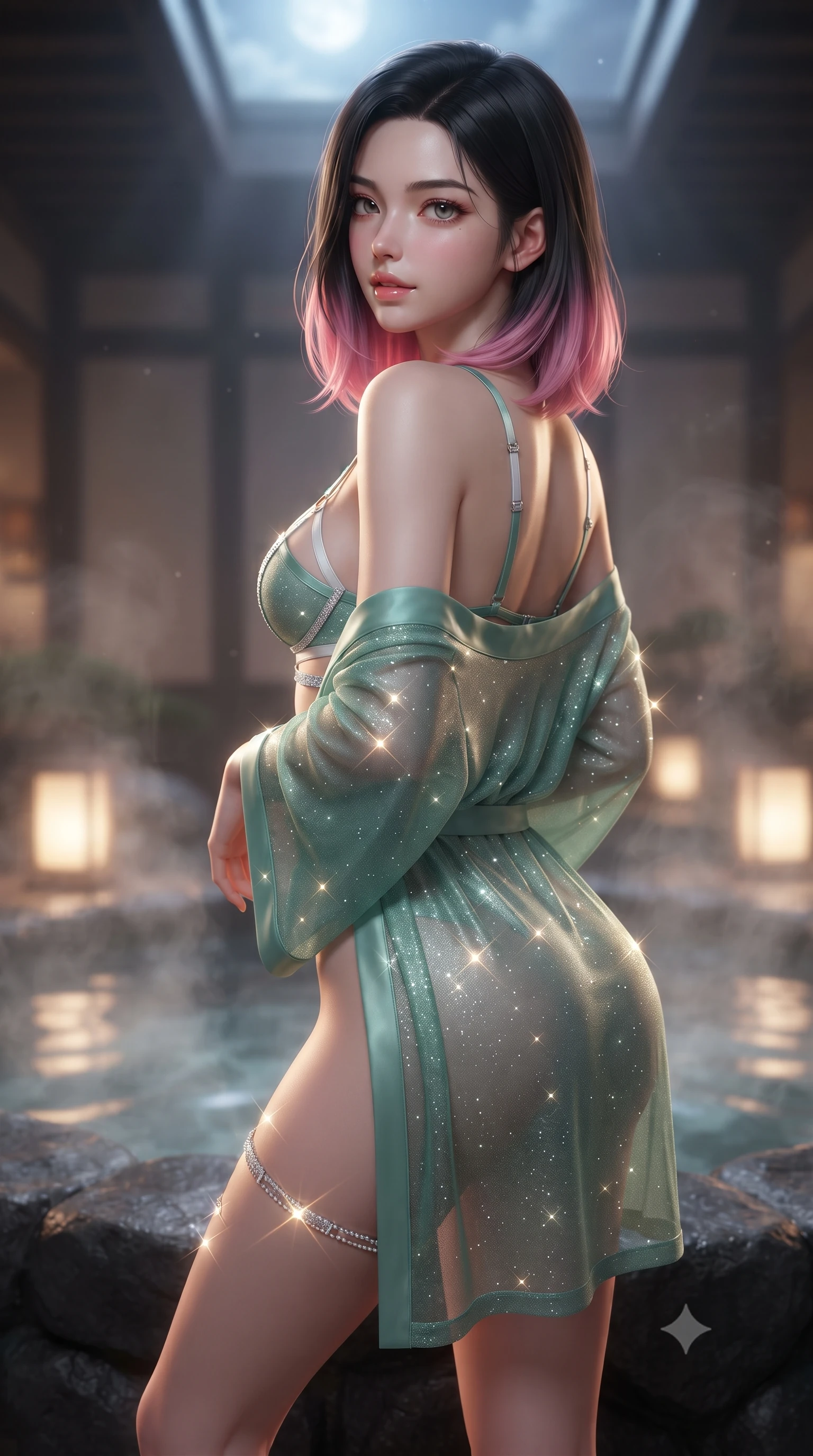 score_9, masterpiece, best quality, ultra-detailed, high-budget anime keyframe, editorial fashion photography, tasteful artistic composition, Korean woman. close-up cowboy shot from the waist and thighs up, the character dominates the composition, filling the frame with her large presence. posing in an alluring rear three-quarter angle, looking over a bare shoulder with parted glossy lips, her hips cocked back to highlight her slim hourglass curve while sitting on the smooth volcanic rock rim of the steaming bath, arching her spine with breathtaking wet-look siren grace. The background shows a soft-focus submerged lantern glows softened in tranquil private bathhouse shallow focus. She has an exceptionally elegant, slender, and willowy female figure with an ultra-slim waist, flat toned midriff, narrow ribcage, and sculpted feminine hips creating an alluring, slim hourglass silhouette without bulk. sharp v-shaped jawline, high-bridge nose, sparkling eyes with hypnotic seductive depth, thick curled eyelashes, glossy parted lips with a natural dewy peach sheen, alluring bedroom-eyes with an enchanting coquettish smile, exuding magnetic siren charisma and sophisticated glamour, flawlessly proportioned anatomical accuracy, strict slender model proportions, natural body alignment, perfectly sculpted long slender limbs, ultra-slim waistline, clean dynamic posture without body distortion. wearing a delicate semi-sheer jade silk boudoir robe worn loose and slipping off bare shoulders over a matching strappy bralette in moonlit jade green and pure alabaster white with silver accents, woven from stretch metallic lurex jersey casting radiant starlight glints across her silhouette, accented with a delicate crystal-encrusted thigh garter strap glinting under the lights, the liquid-tight tailored fabric clinging flawlessly to her narrow waist and rounded feminine hips, emphasizing every millimeter of her sculpted slim hourglass curves without any bulky heaviness. bathed in warm underwater pool illumination combined with celestial harvest moonlight from the open skylight. ultra-reflective glossy finish, specular highlights, rich textural contrasts, high-contrast stereoscopic depth, volumetric dynamic lighting, 2k, ultra detail, master piece, 9:16 ratio